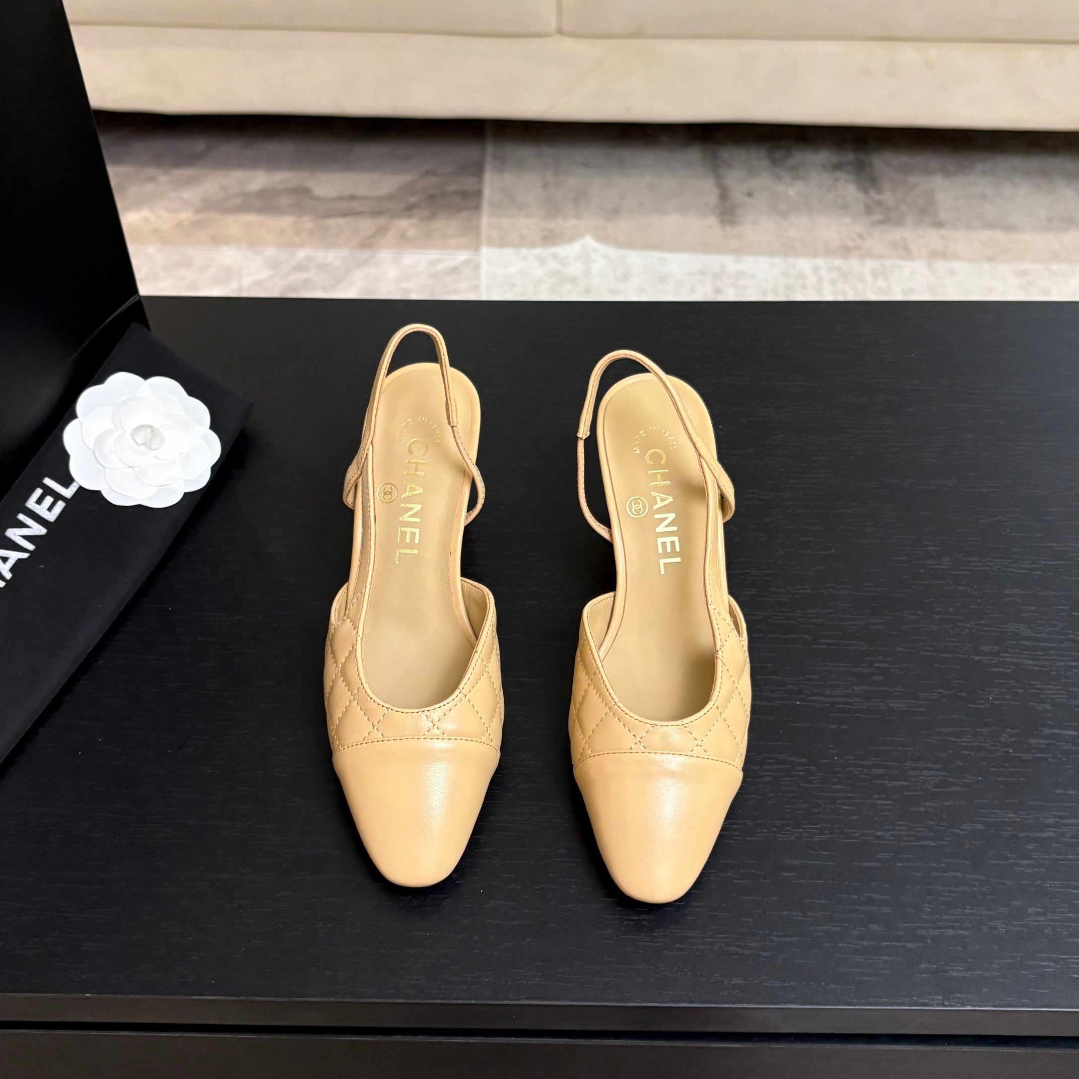 CC 26s Block Heel Slingback 6cm Beige Quilted Lambskin 957994