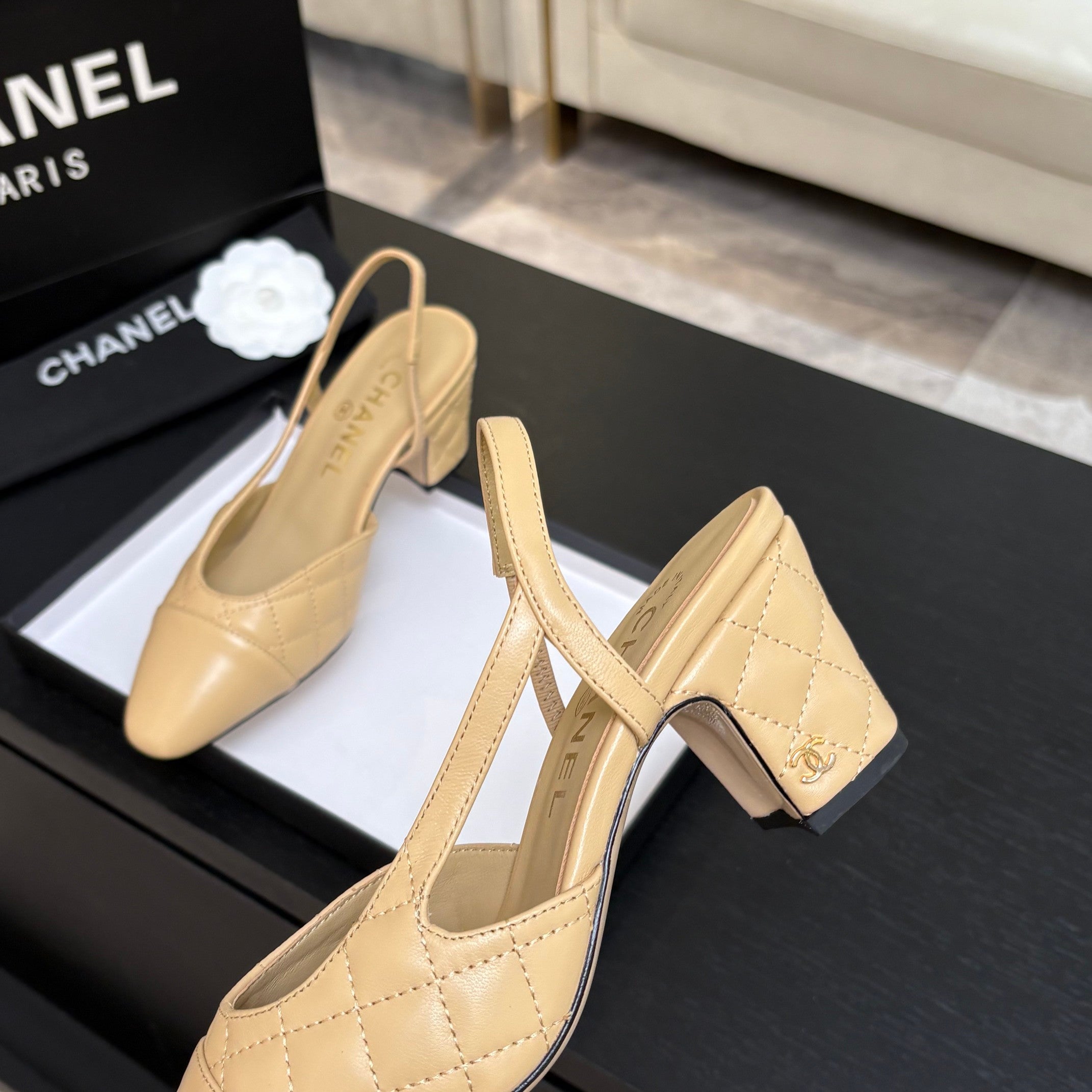 CC 26s Block Heel Slingback 6cm Beige Quilted Lambskin 957994