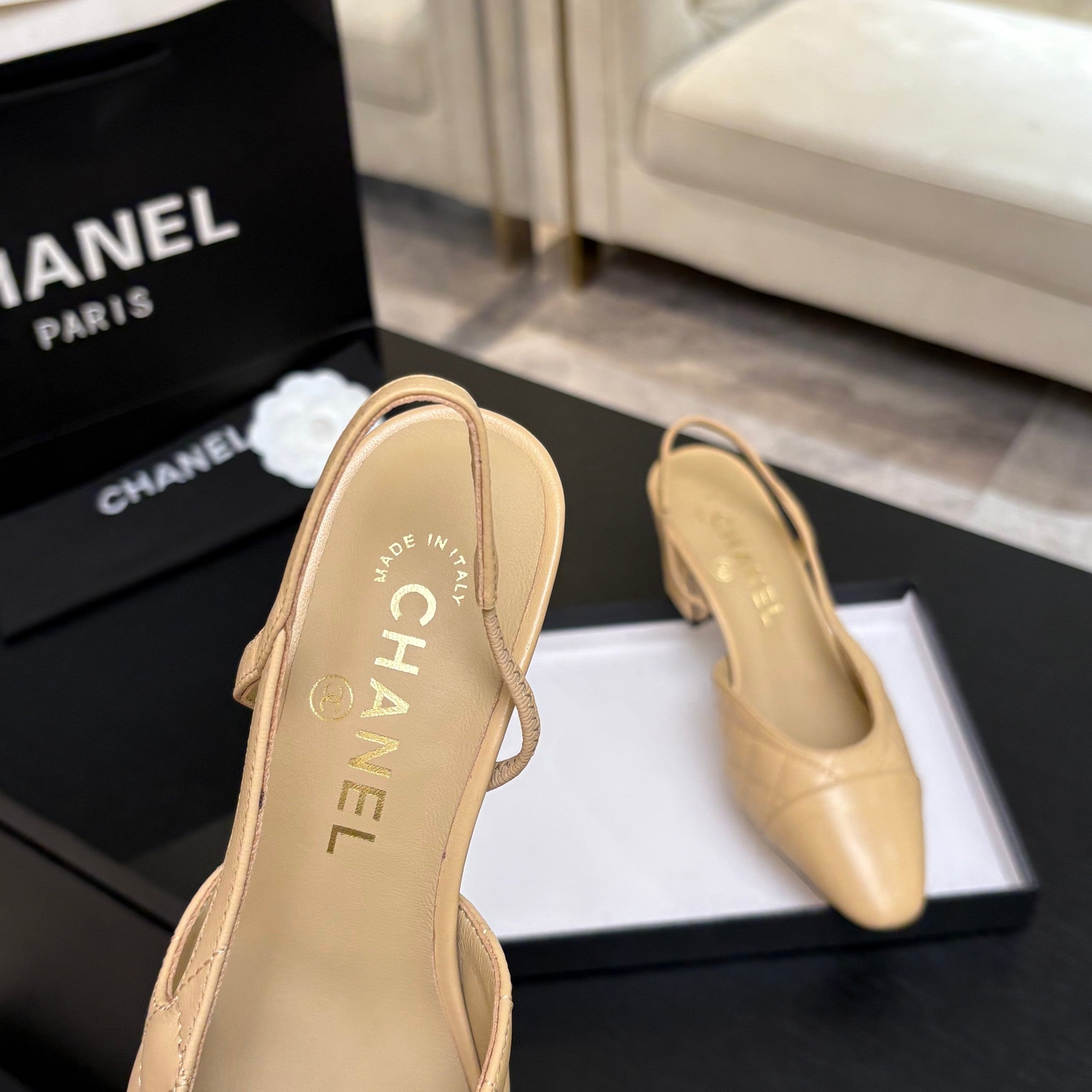 CC 26s Block Heel Slingback 6cm Beige Quilted Lambskin 957994