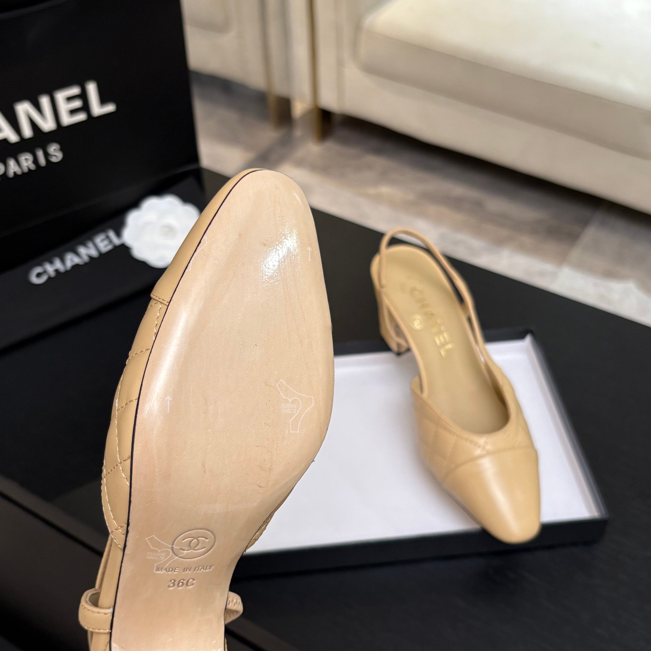 CC 26s Block Heel Slingback 6cm Beige Quilted Lambskin 957994