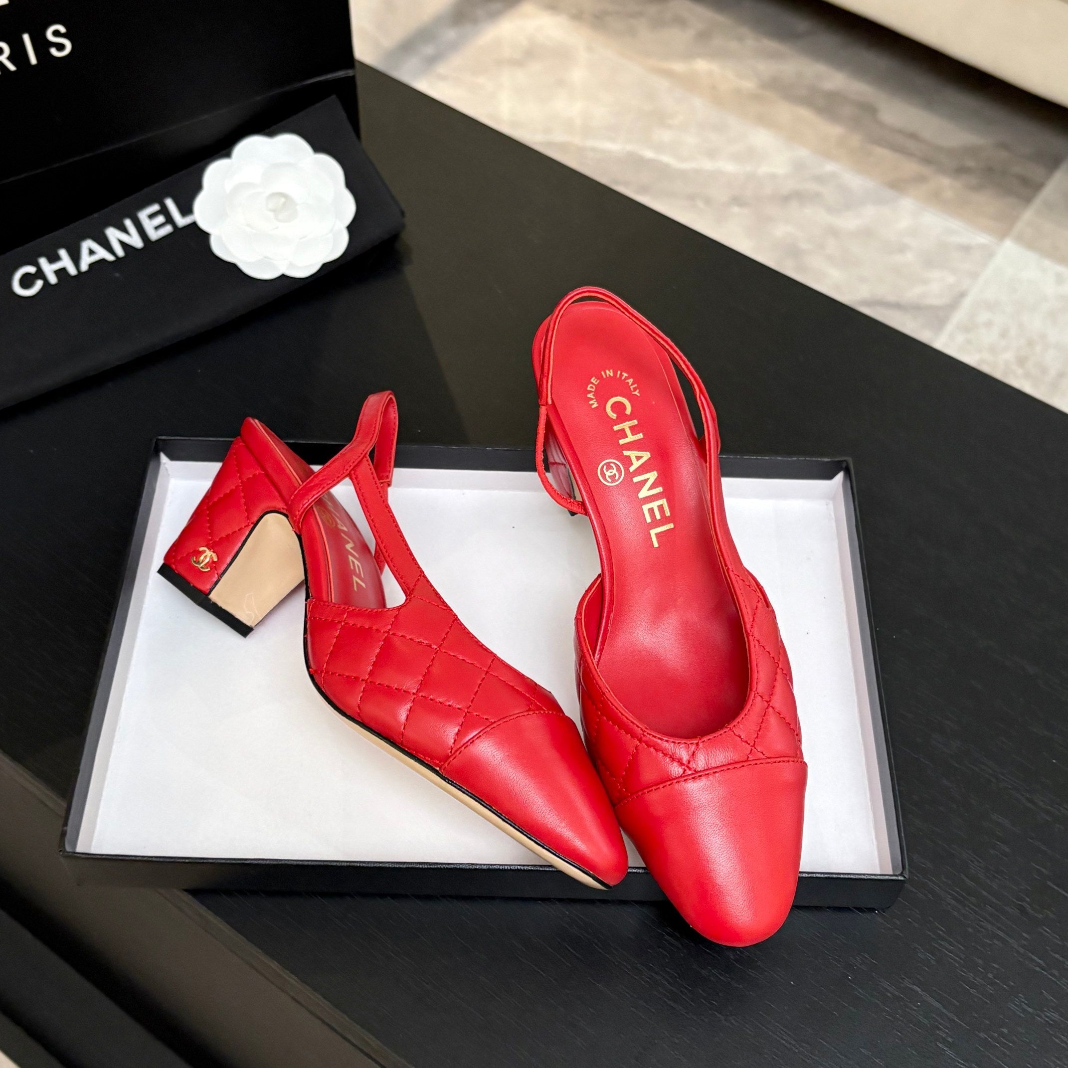 CC 26s Block Heel Slingback 6cm Red Quilted Lambskin 957995