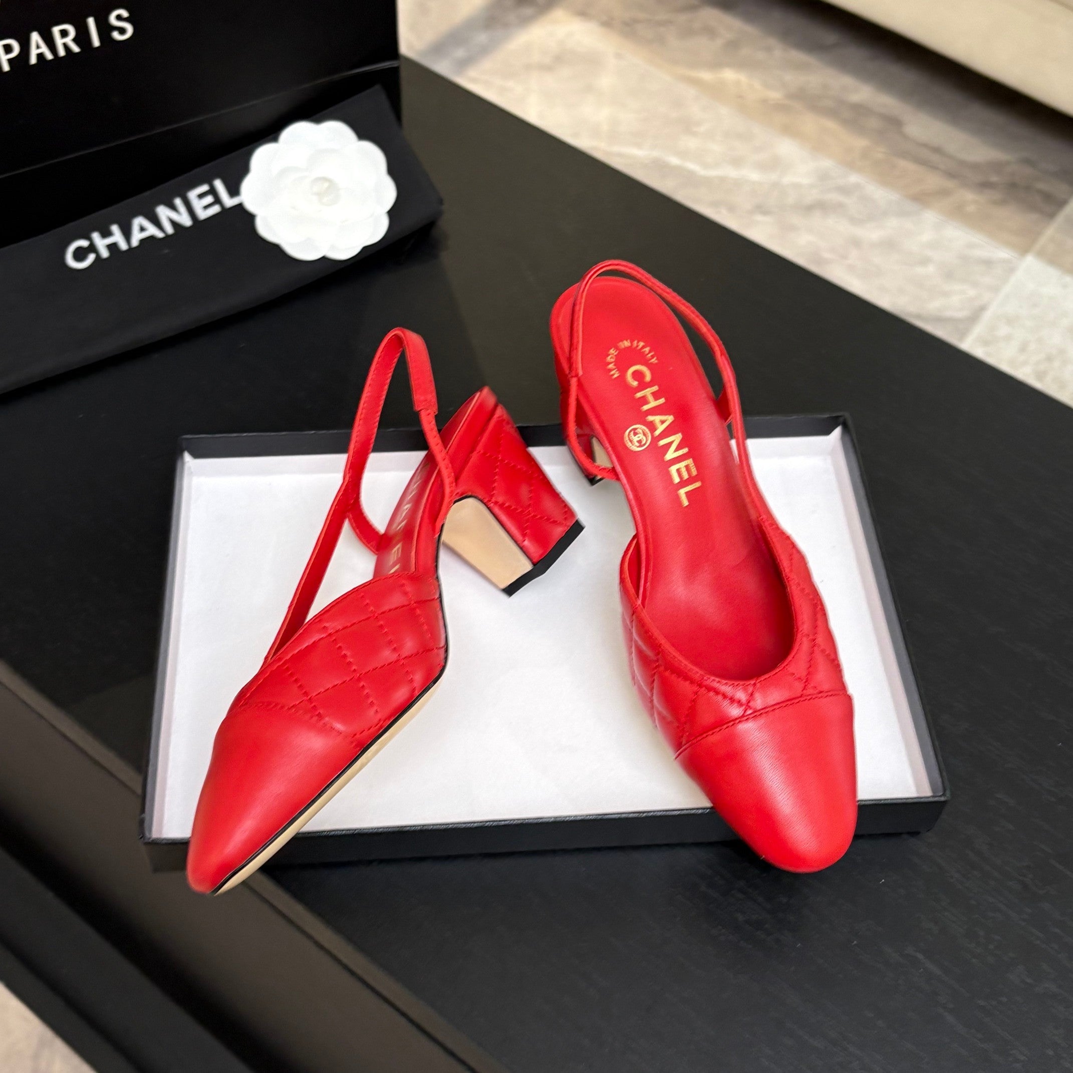 CC 26s Block Heel Slingback 6cm Red Quilted Lambskin 957995