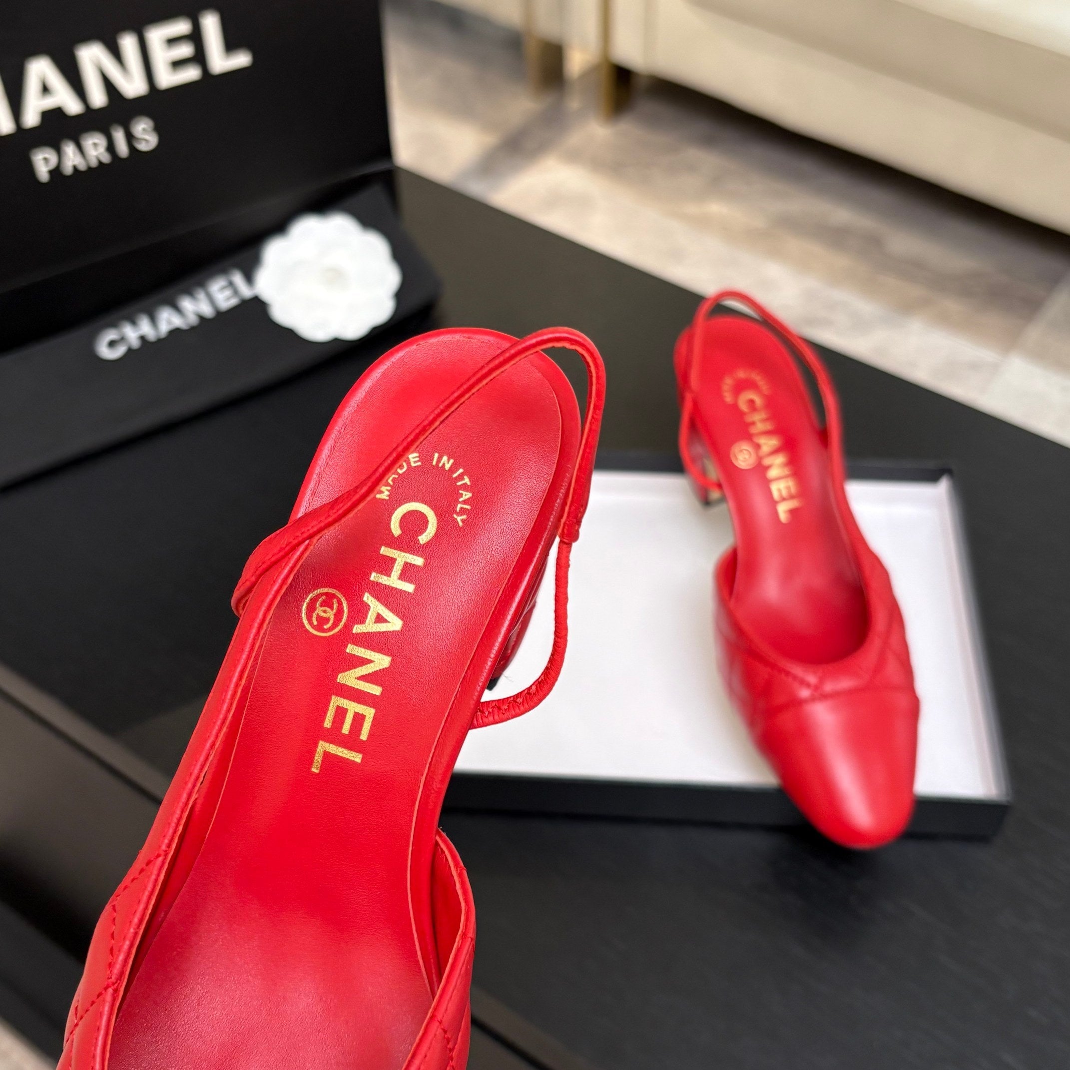 CC 26s Block Heel Slingback 6cm Red Quilted Lambskin 957995