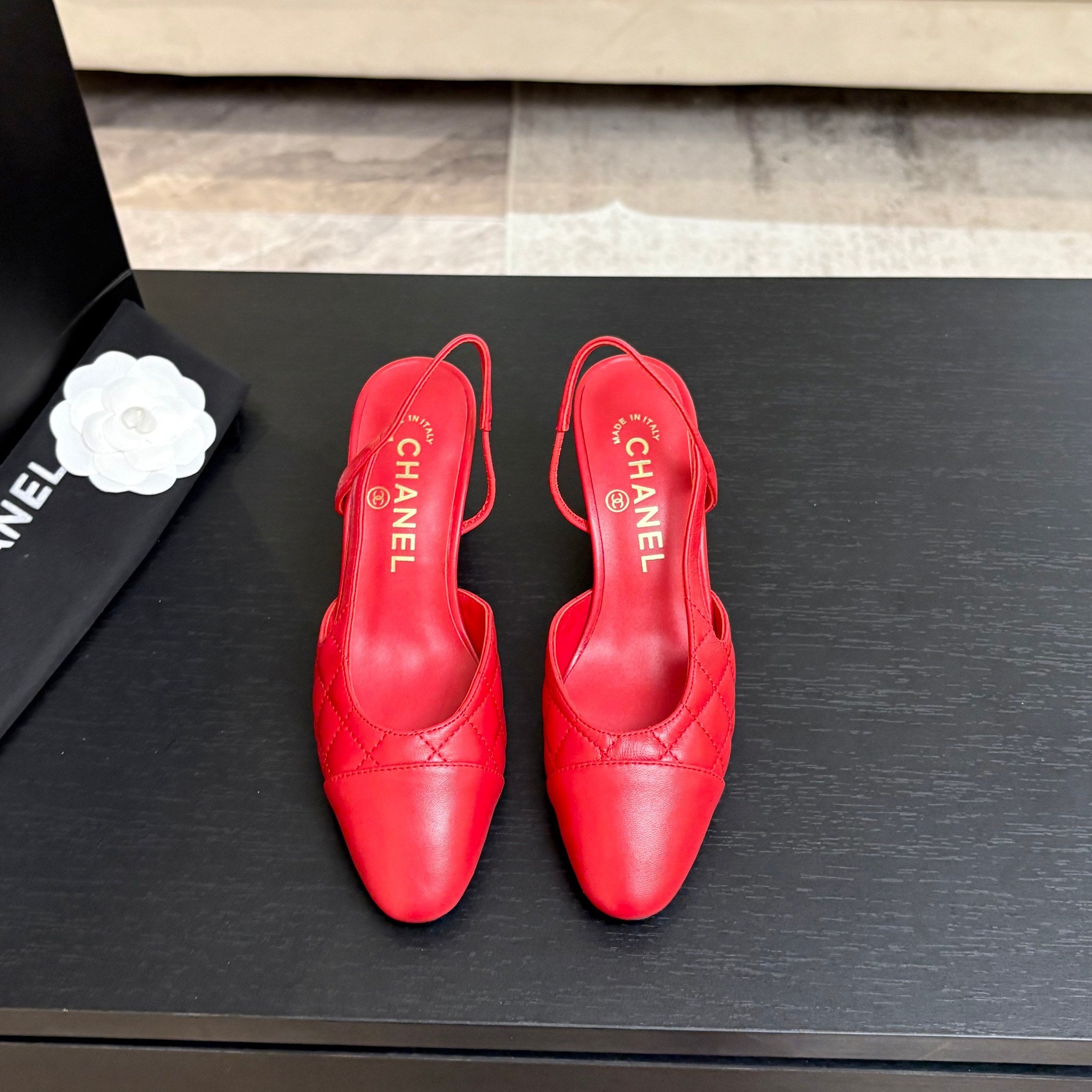 CC 26s Block Heel Slingback 6cm Red Quilted Lambskin 957995