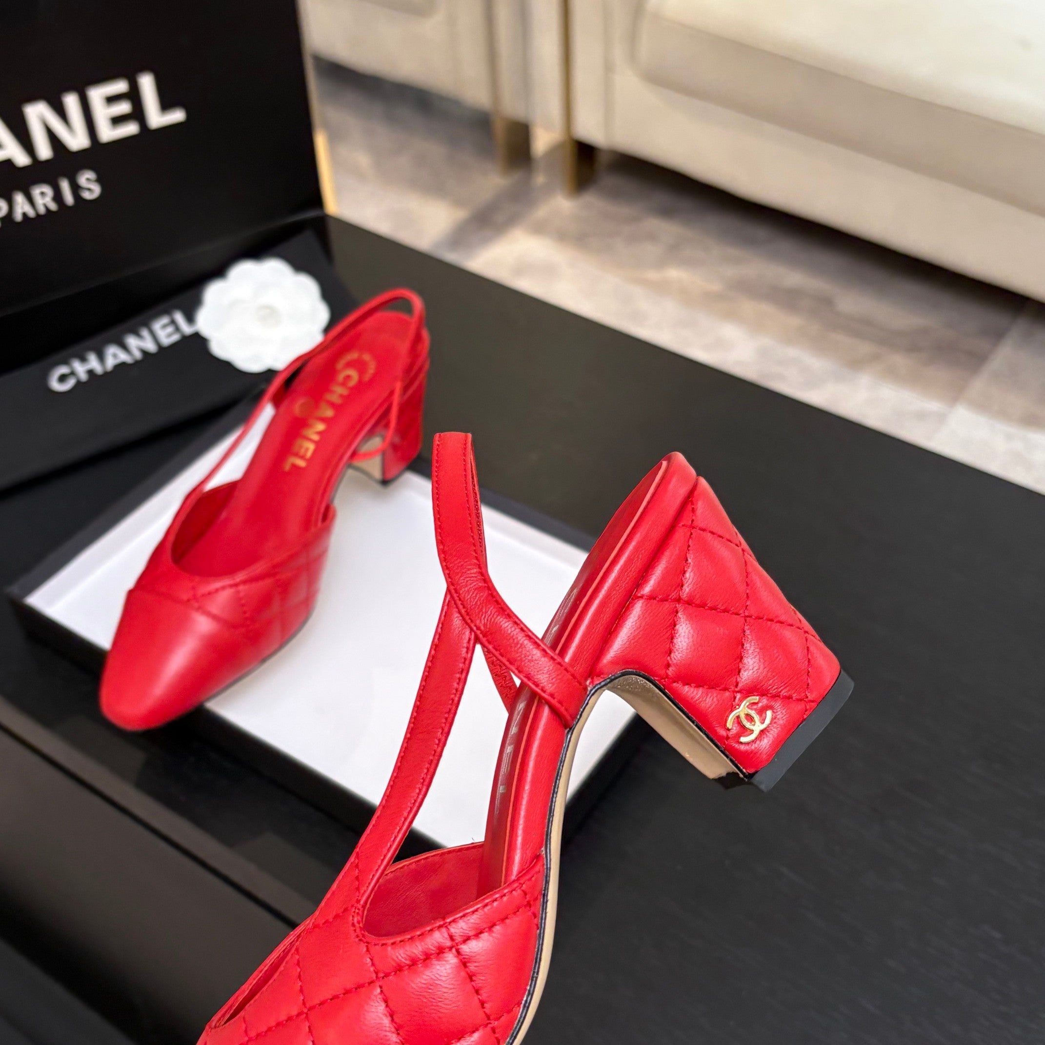 CC 26s Block Heel Slingback 6cm Red Quilted Lambskin 957995