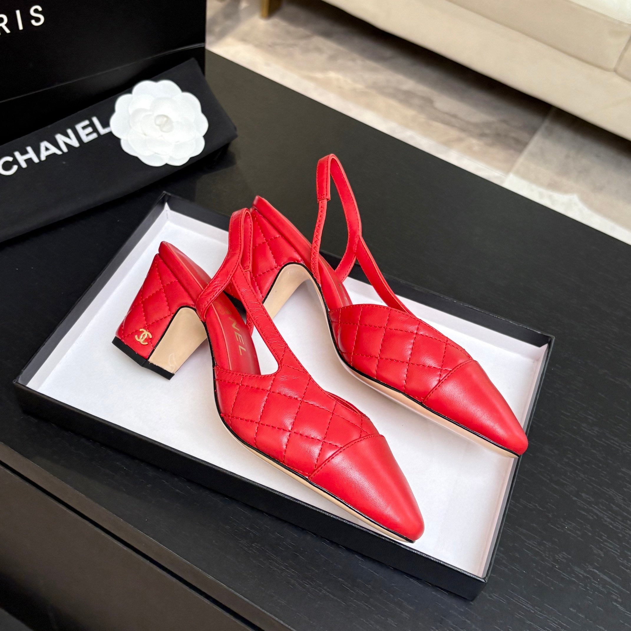CC 26s Block Heel Slingback 6cm Red Quilted Lambskin 957995