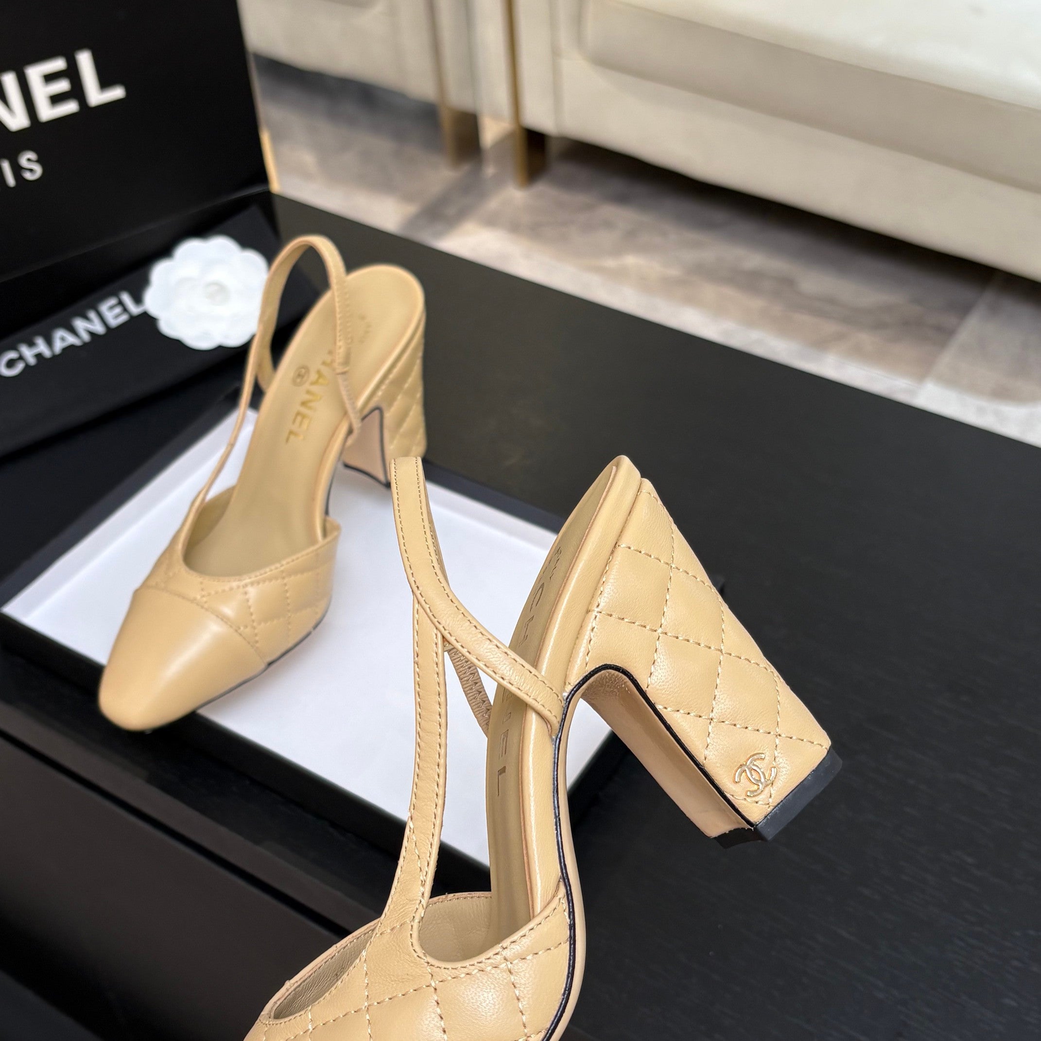 CC 26s Block Heel Slingback 9cm Beige Quilted Lambskin 957997