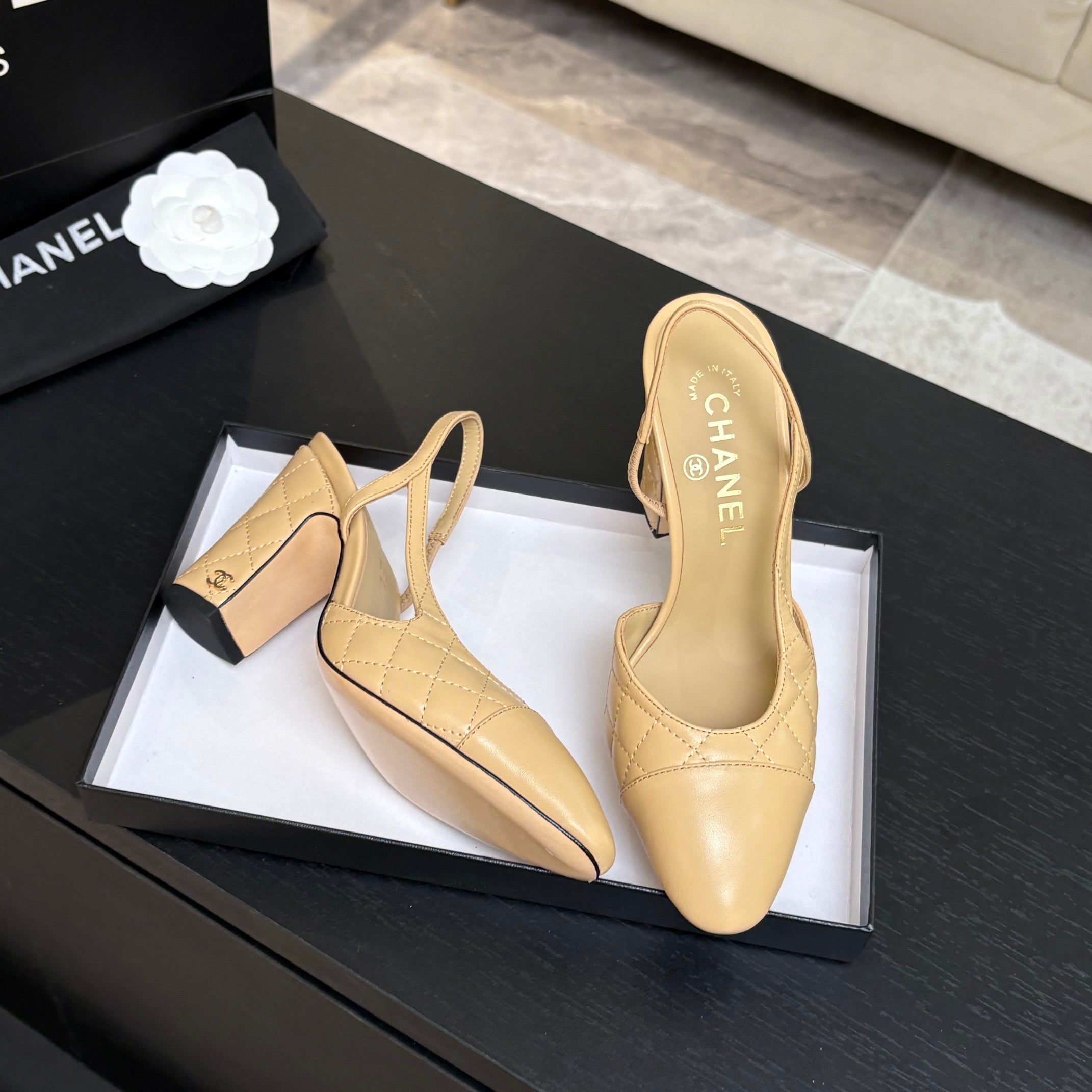 CC 26s Block Heel Slingback 9cm Beige Quilted Lambskin 957997