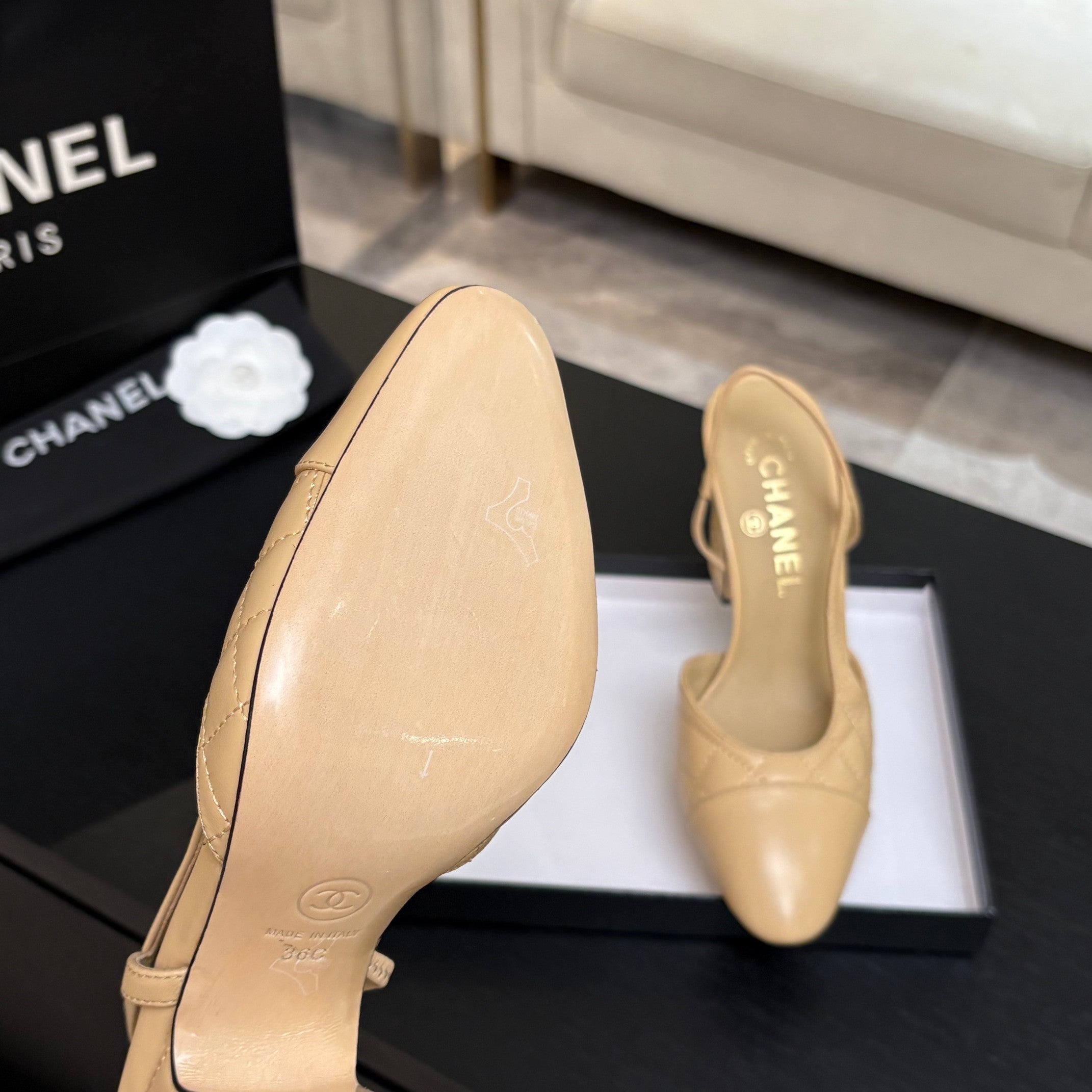 CC 26s Block Heel Slingback 9cm Beige Quilted Lambskin 957997