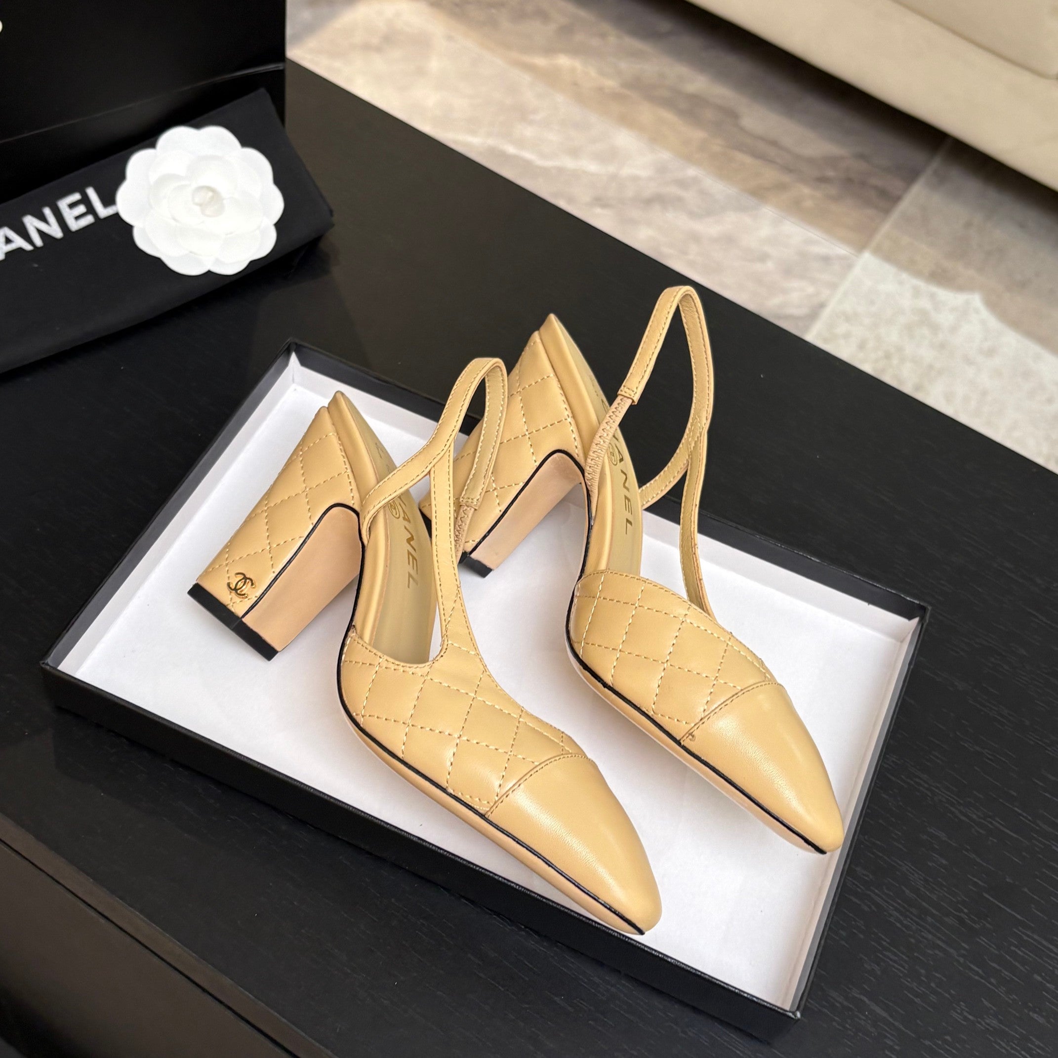 CC 26s Block Heel Slingback 9cm Beige Quilted Lambskin 957997