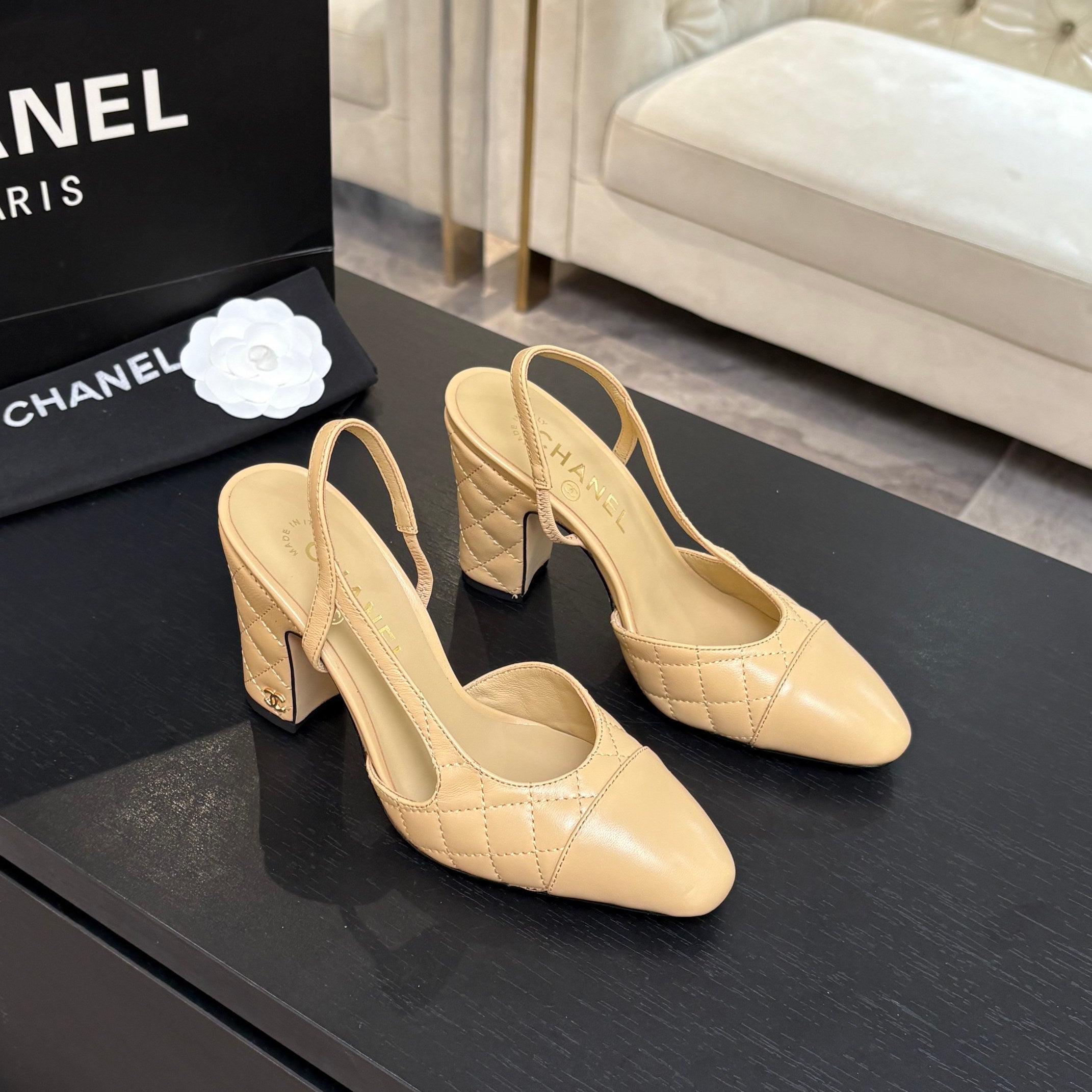 CC 26s Block Heel Slingback 9cm Beige Quilted Lambskin 957997