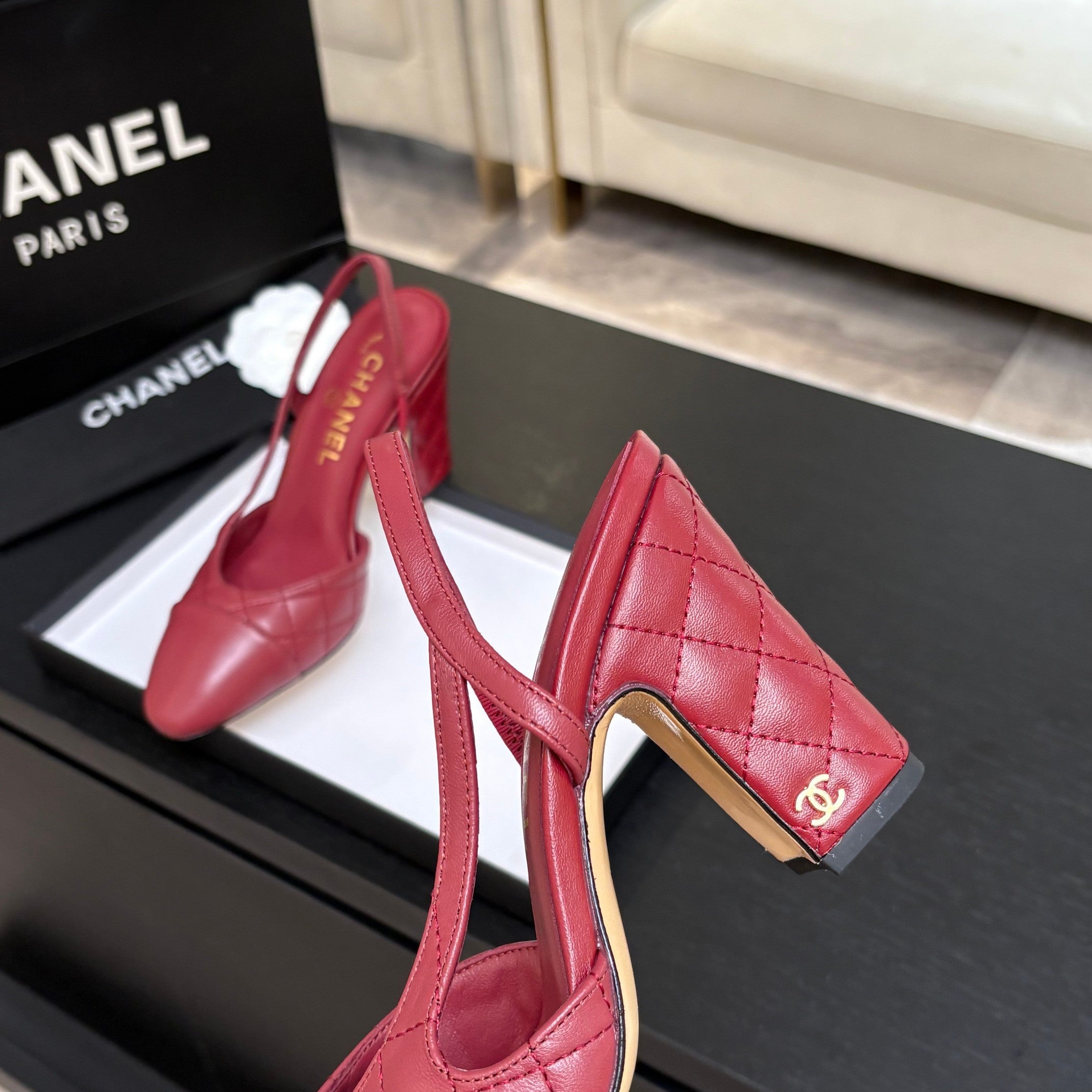 CC 26s Block Heel Slingback 9cm Red Quilted Lambskin 958001