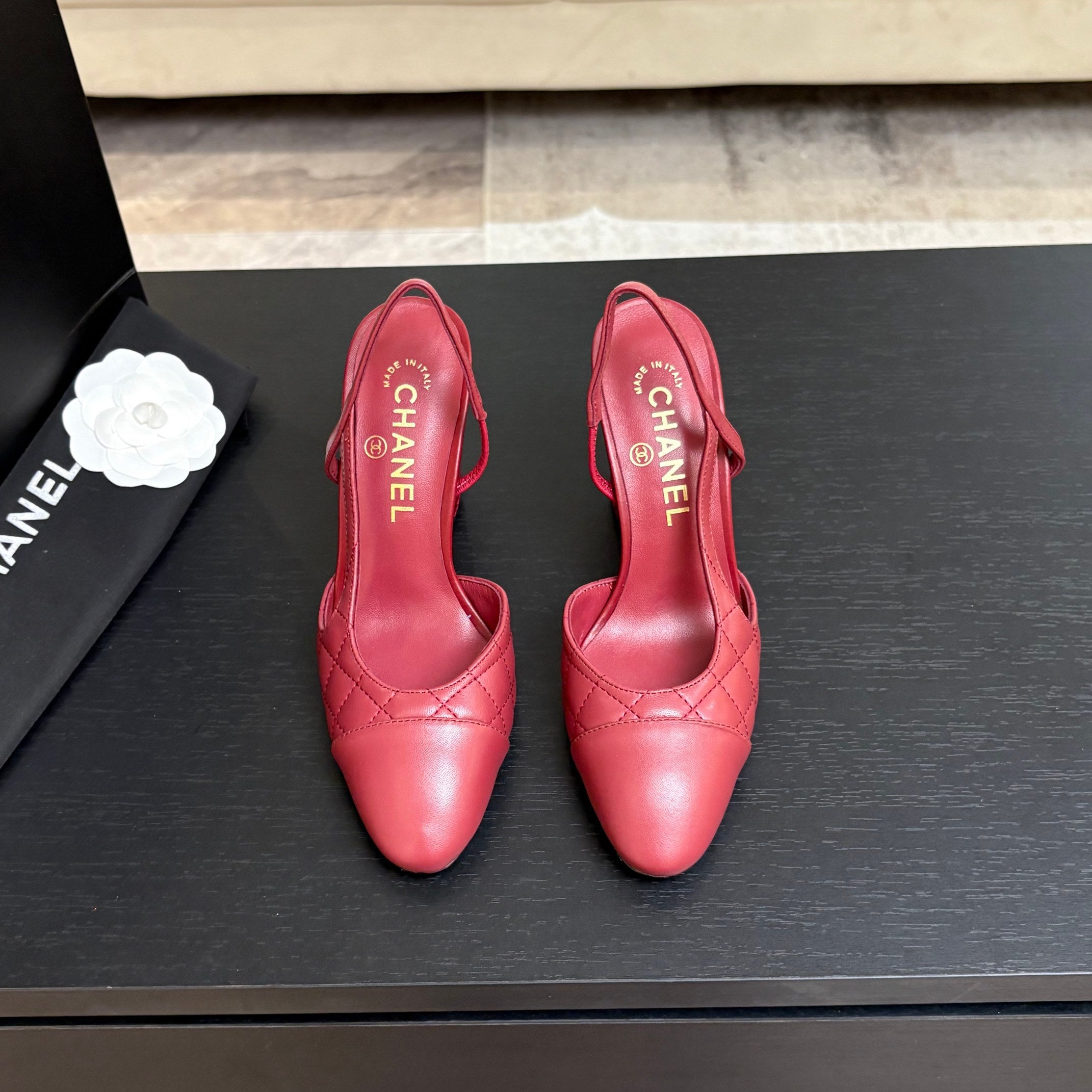 CC 26s Block Heel Slingback 9cm Burgundy Quilted Lambskin 958000