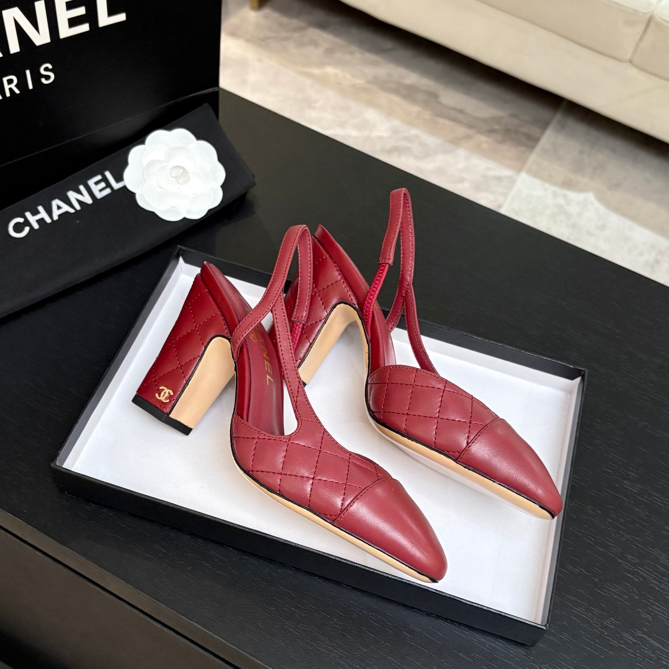 CC 26s Block Heel Slingback 9cm Burgundy Quilted Lambskin 958000