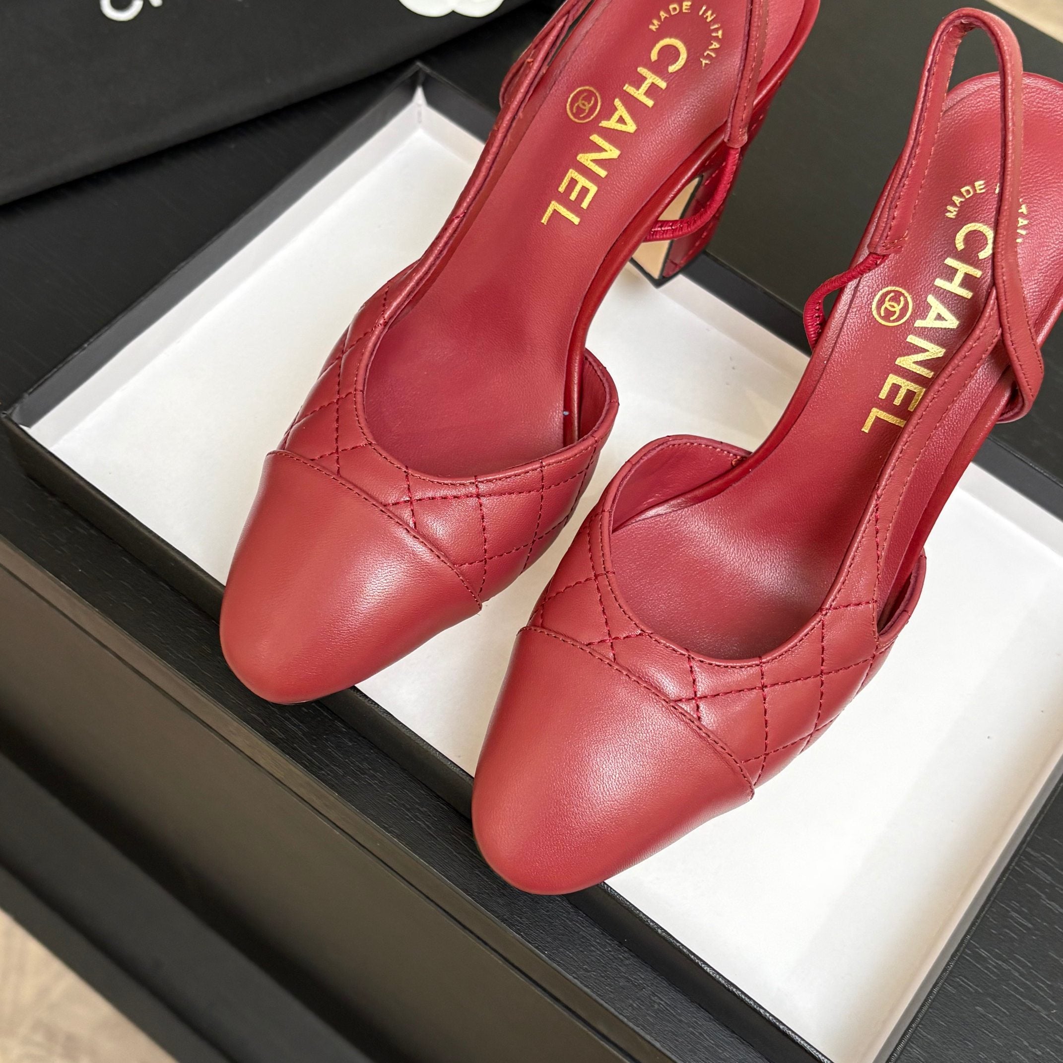 CC 26s Block Heel Slingback 9cm Red Quilted Lambskin 958001
