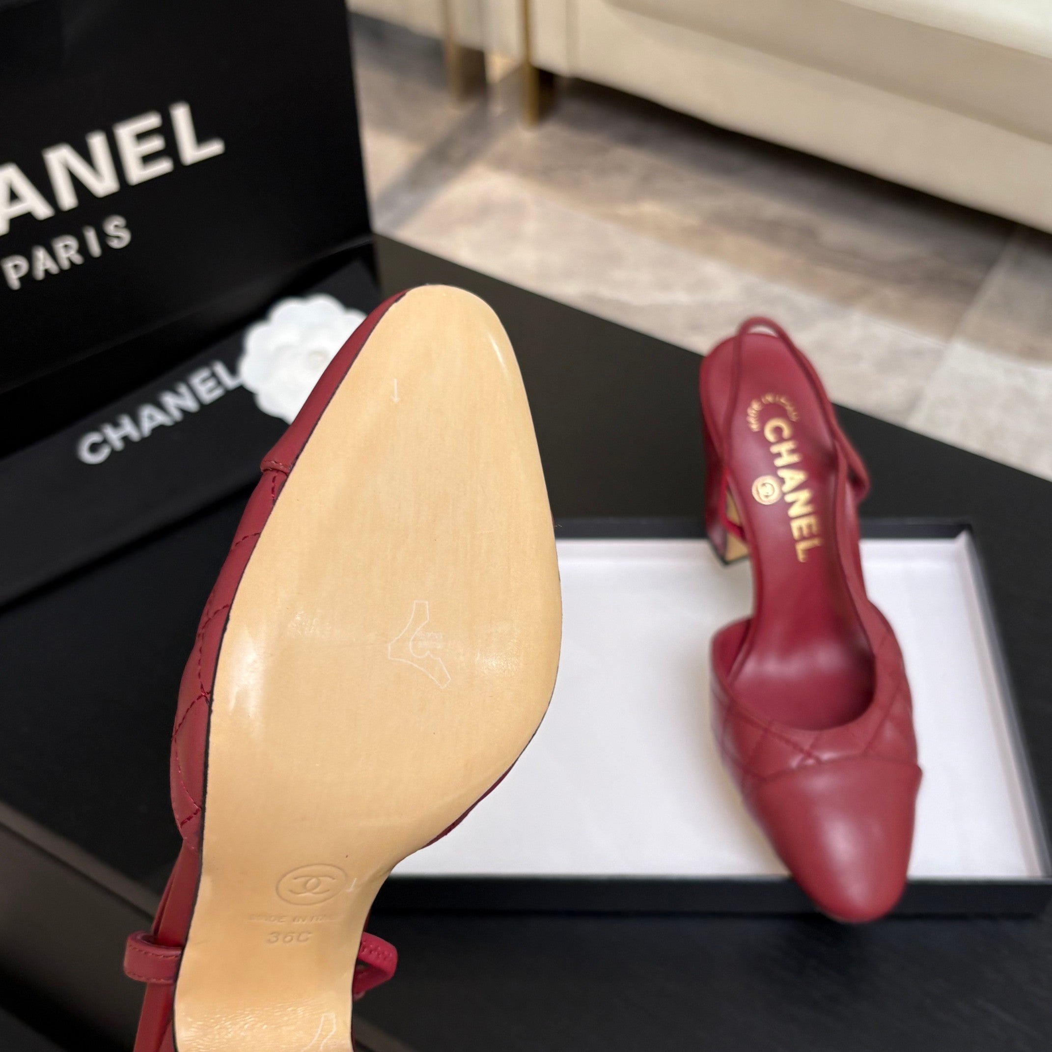 CC 26s Block Heel Slingback 9cm Burgundy Quilted Lambskin 958000