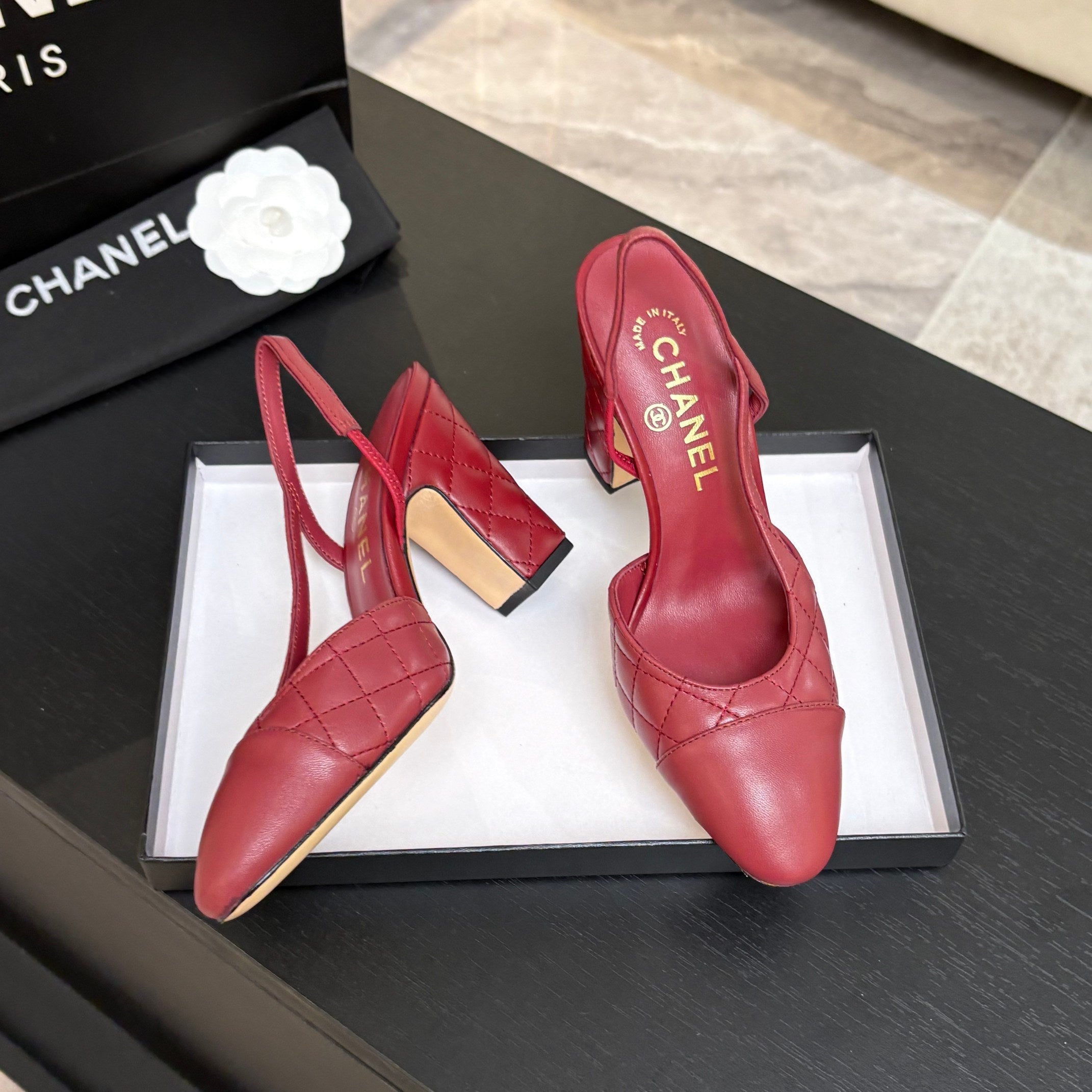 CC 26s Block Heel Slingback 9cm Burgundy Quilted Lambskin 958000
