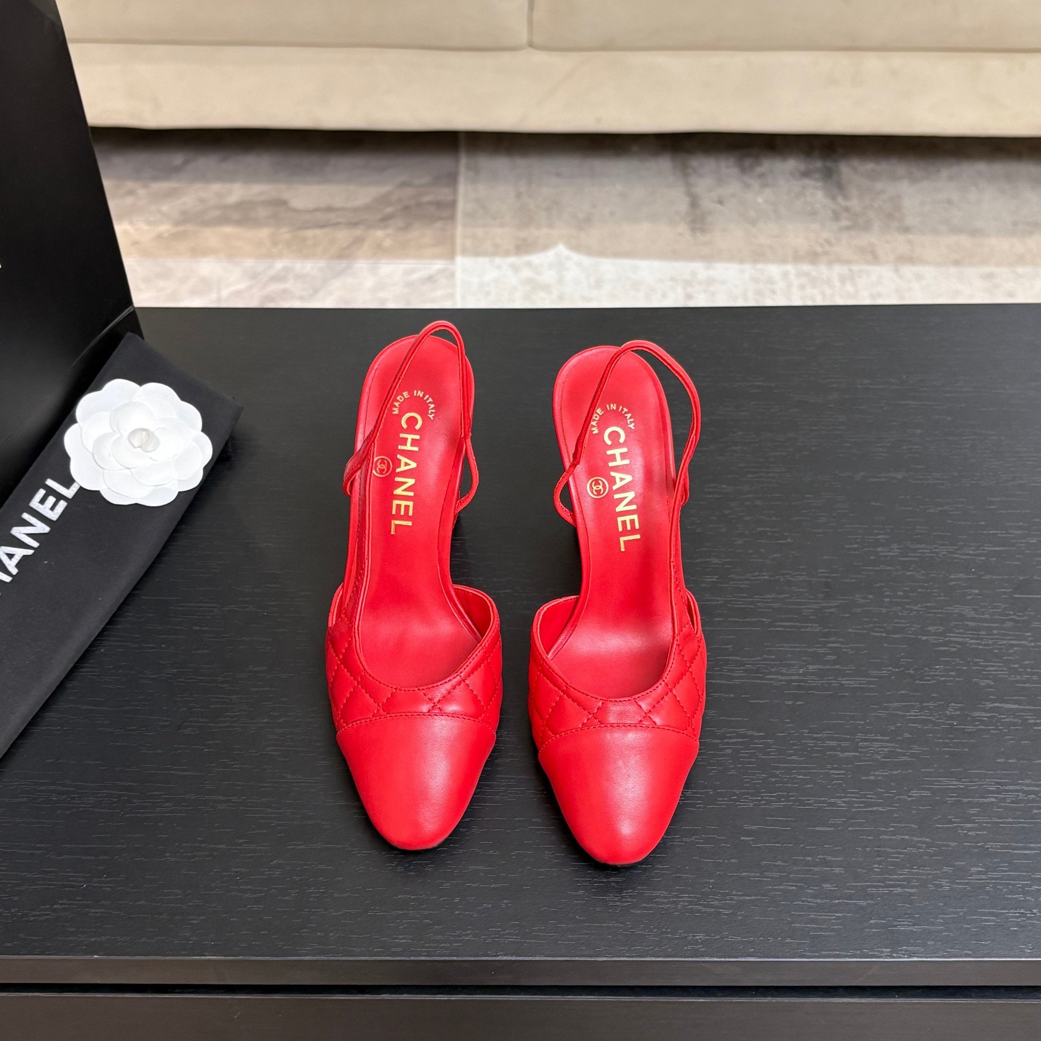 CC 26s Block Heel Slingback 9cm Red Quilted Lambskin 958001