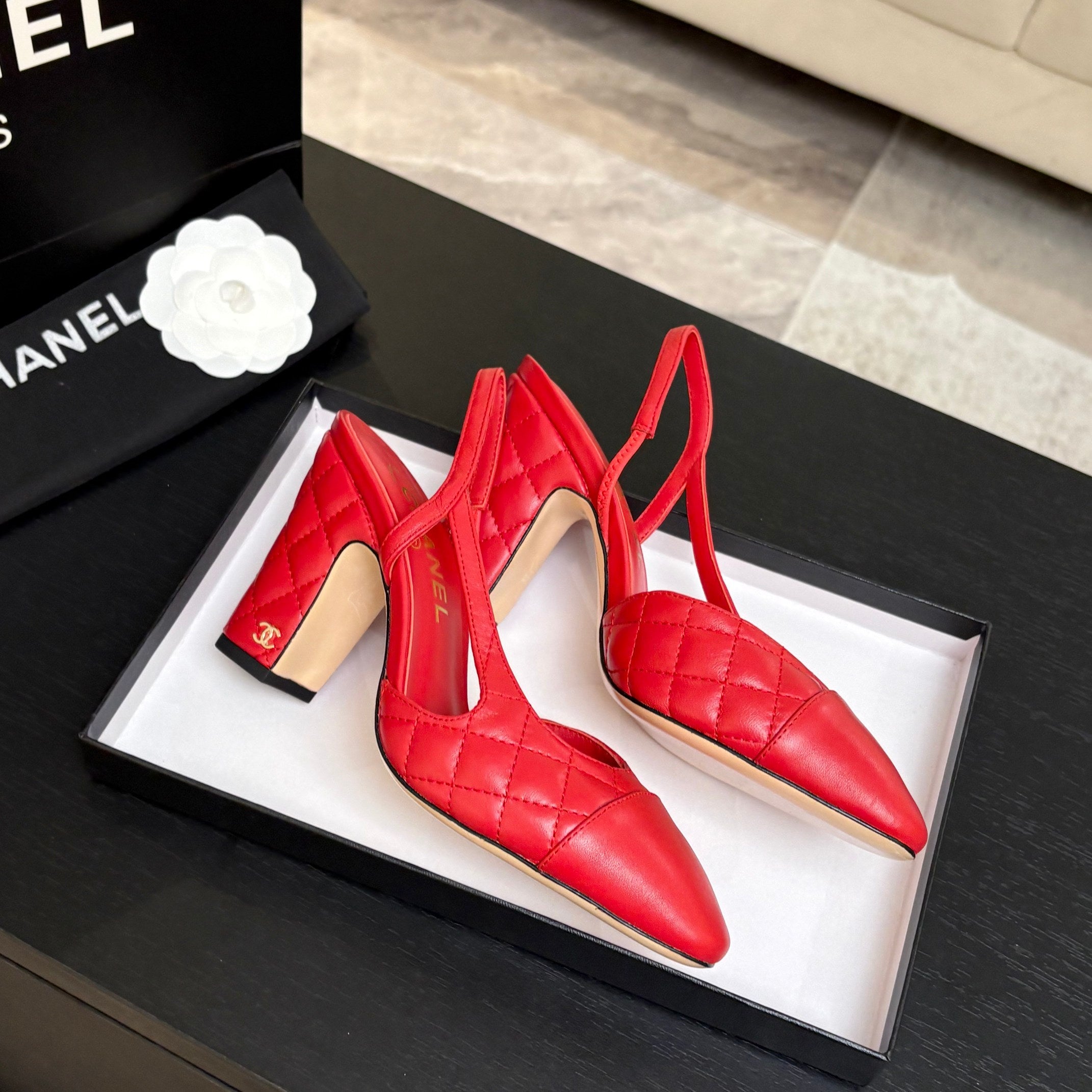 CC 26s Block Heel Slingback 9cm Red Quilted Lambskin 958001