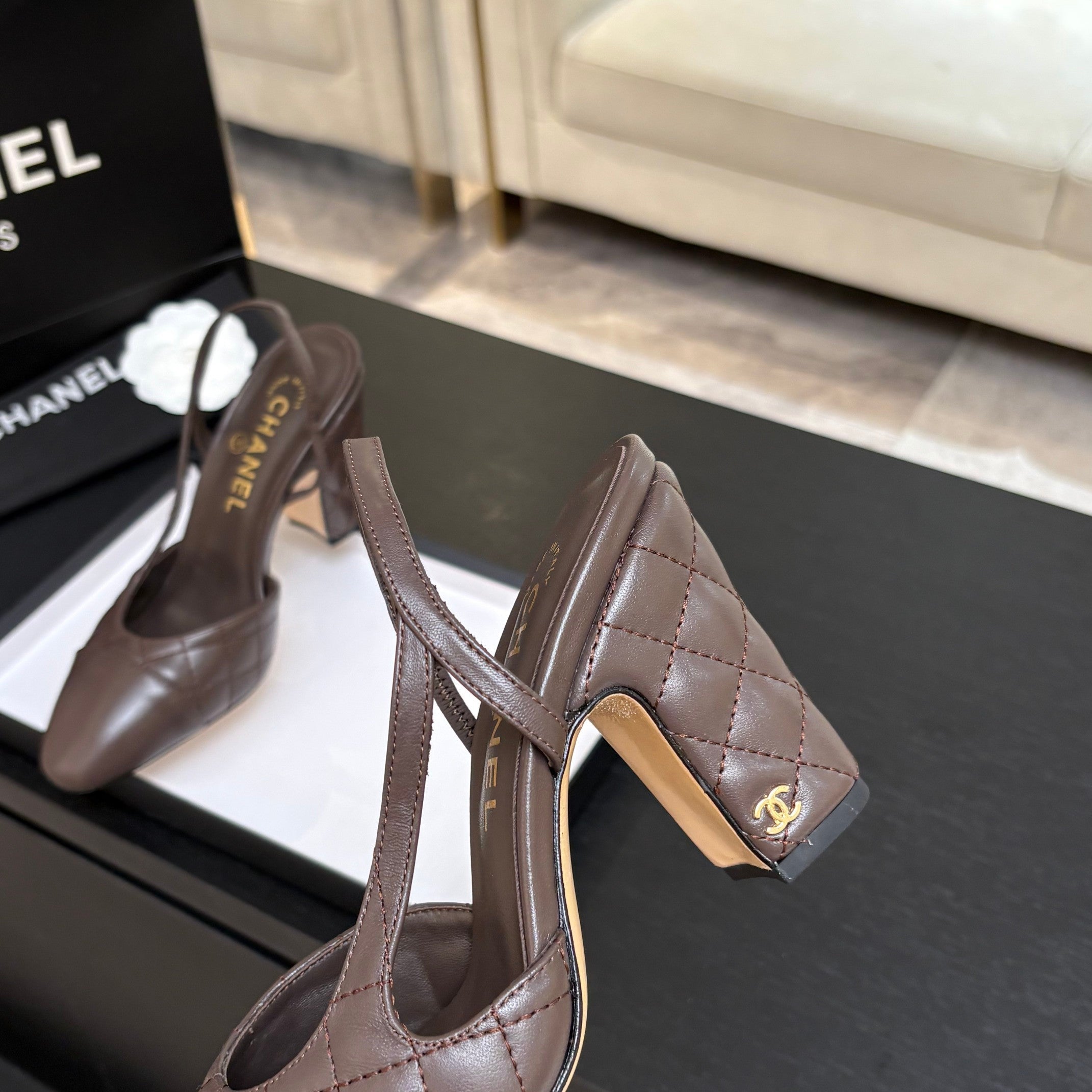CC 26s Block Heel Slingback 9cm Coffee Quilted Lambskin 958002