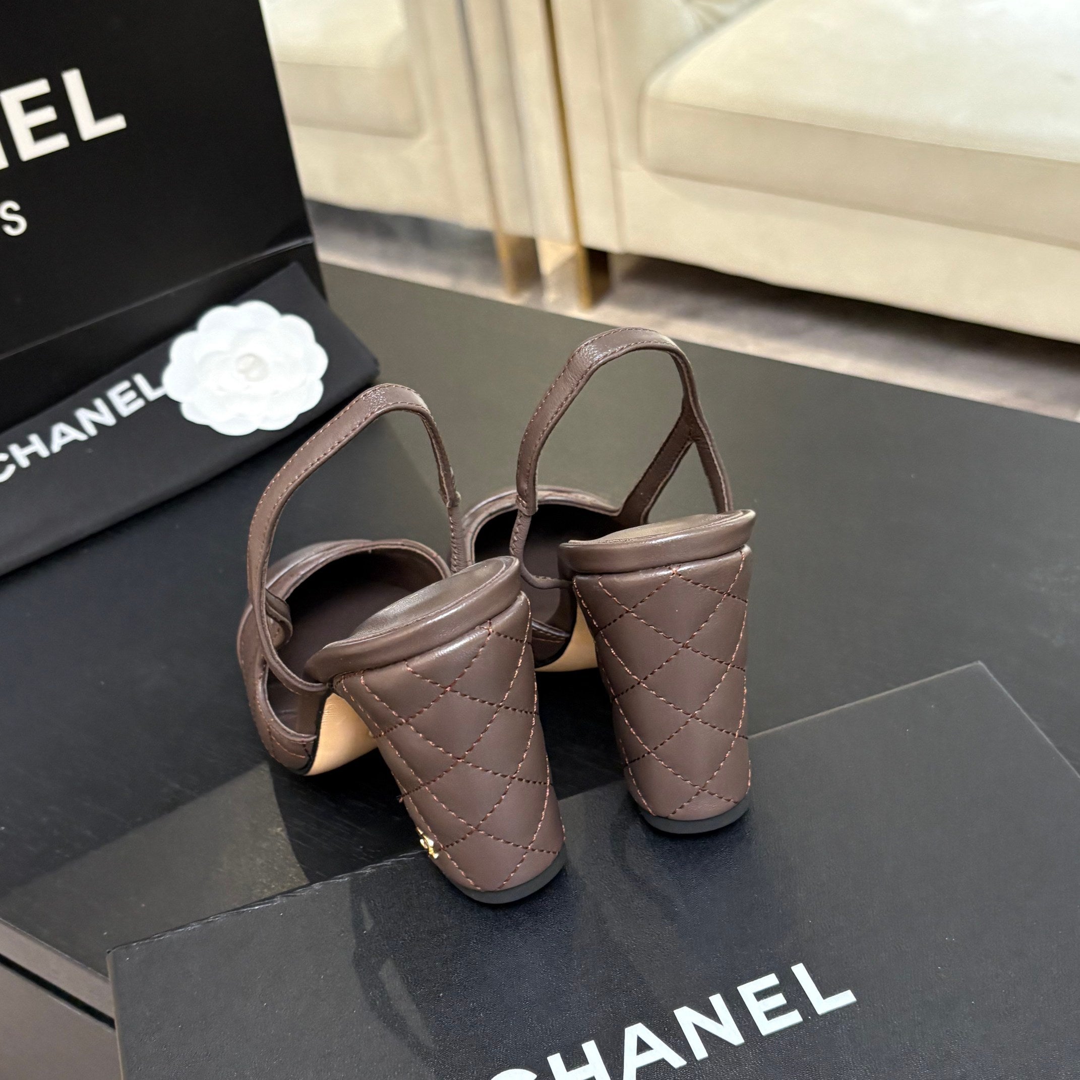 CC 26s Block Heel Slingback 9cm Coffee Quilted Lambskin 958002