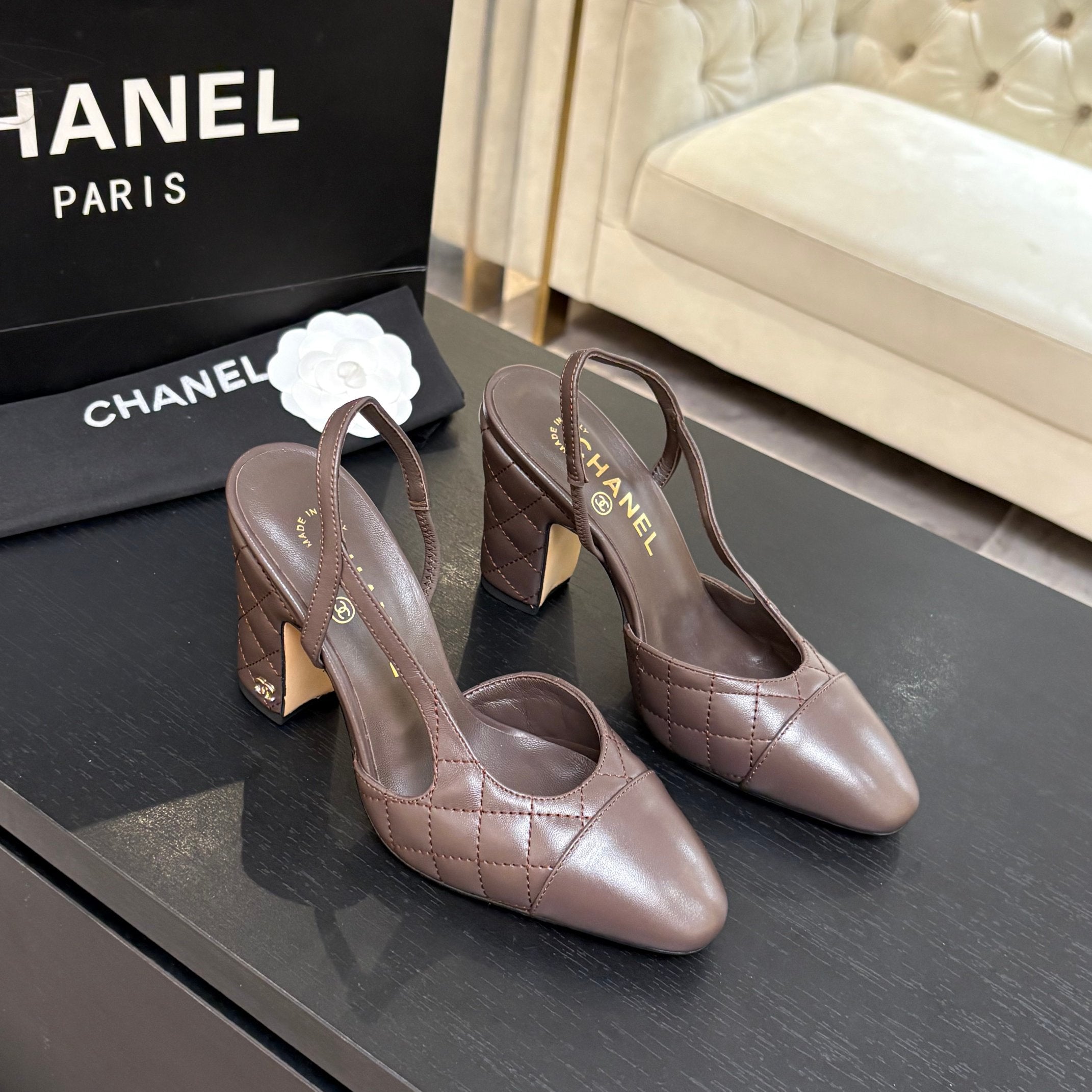 CC 26s Block Heel Slingback 9cm Coffee Quilted Lambskin 958002