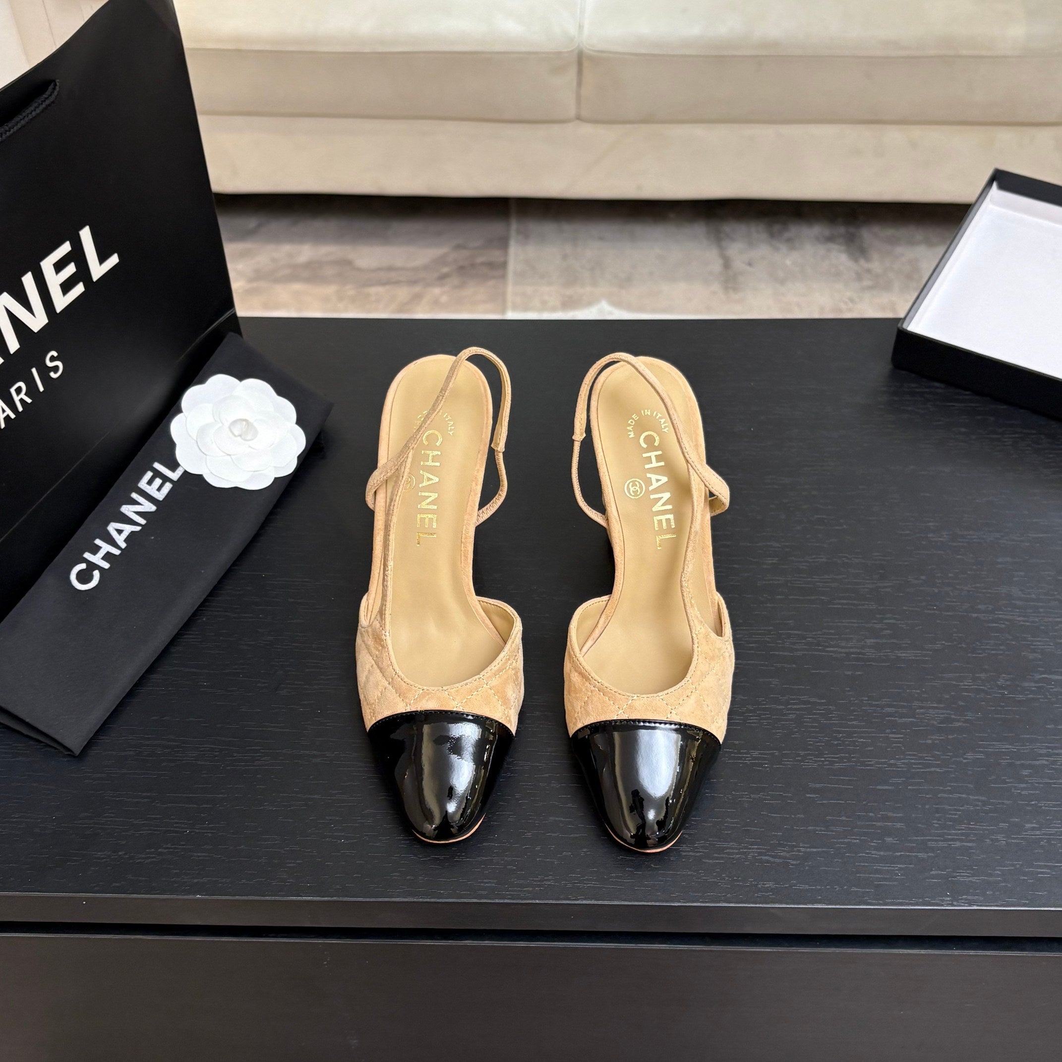 CC 26s Block Heel Slingback 9cm Beige Quilted Suede 958003