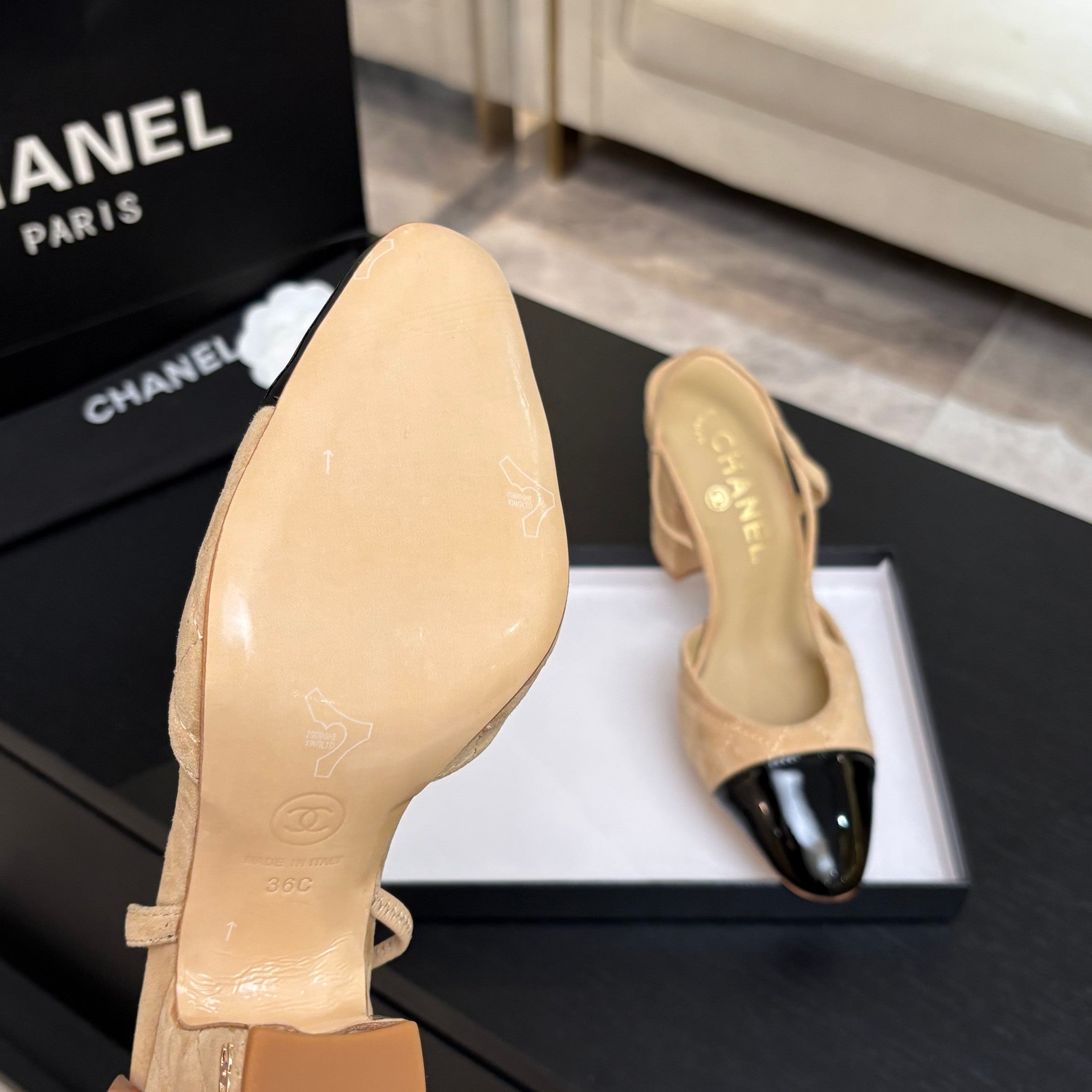 CC 26s Block Heel Slingback 9cm Beige Quilted Suede 958003