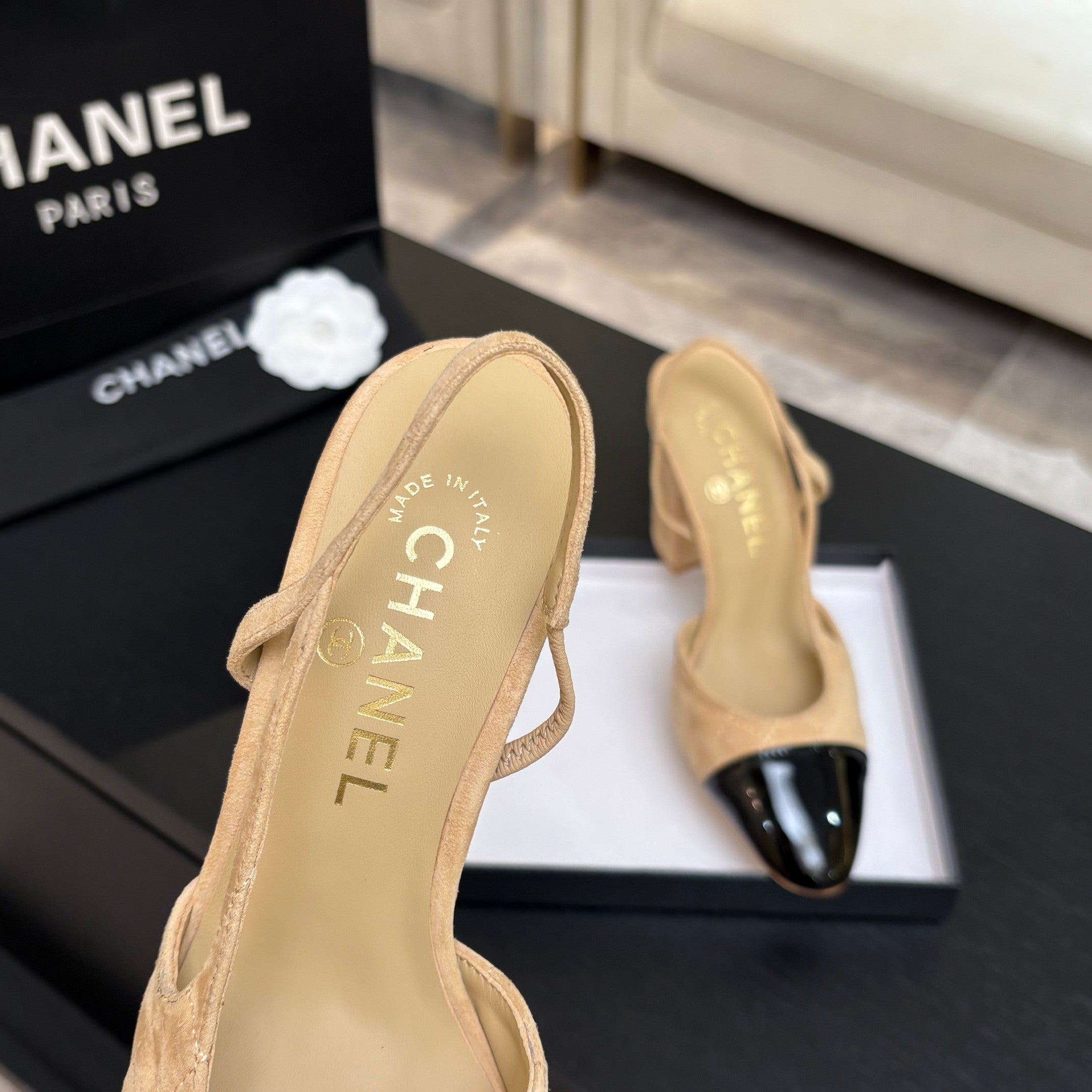 CC 26s Block Heel Slingback 9cm Beige Quilted Suede 958003