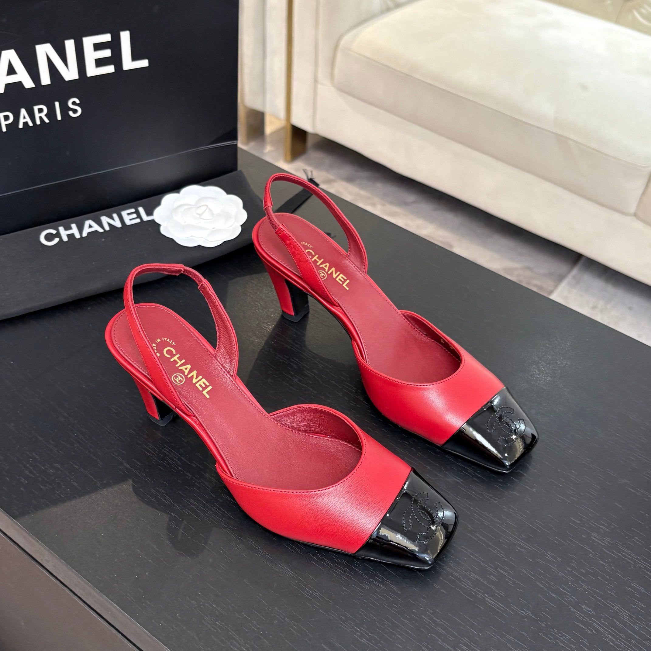 CC 26s Square Cap Toe Slingback 7cm Black Red Lambskin Patent Leather 958023
