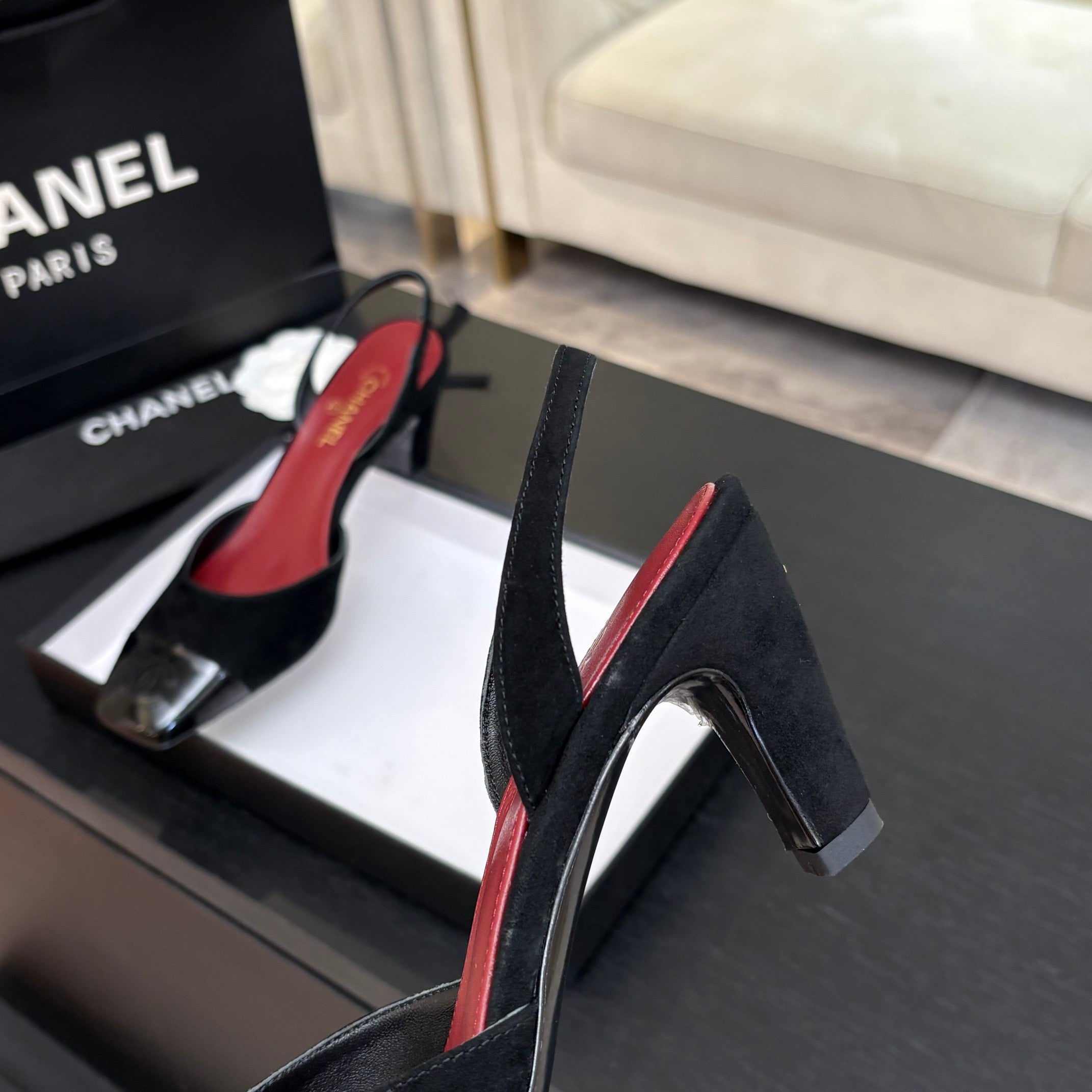 CC 26s Square Cap Toe Slingback 7cm Black Suede Patent Leather 958024