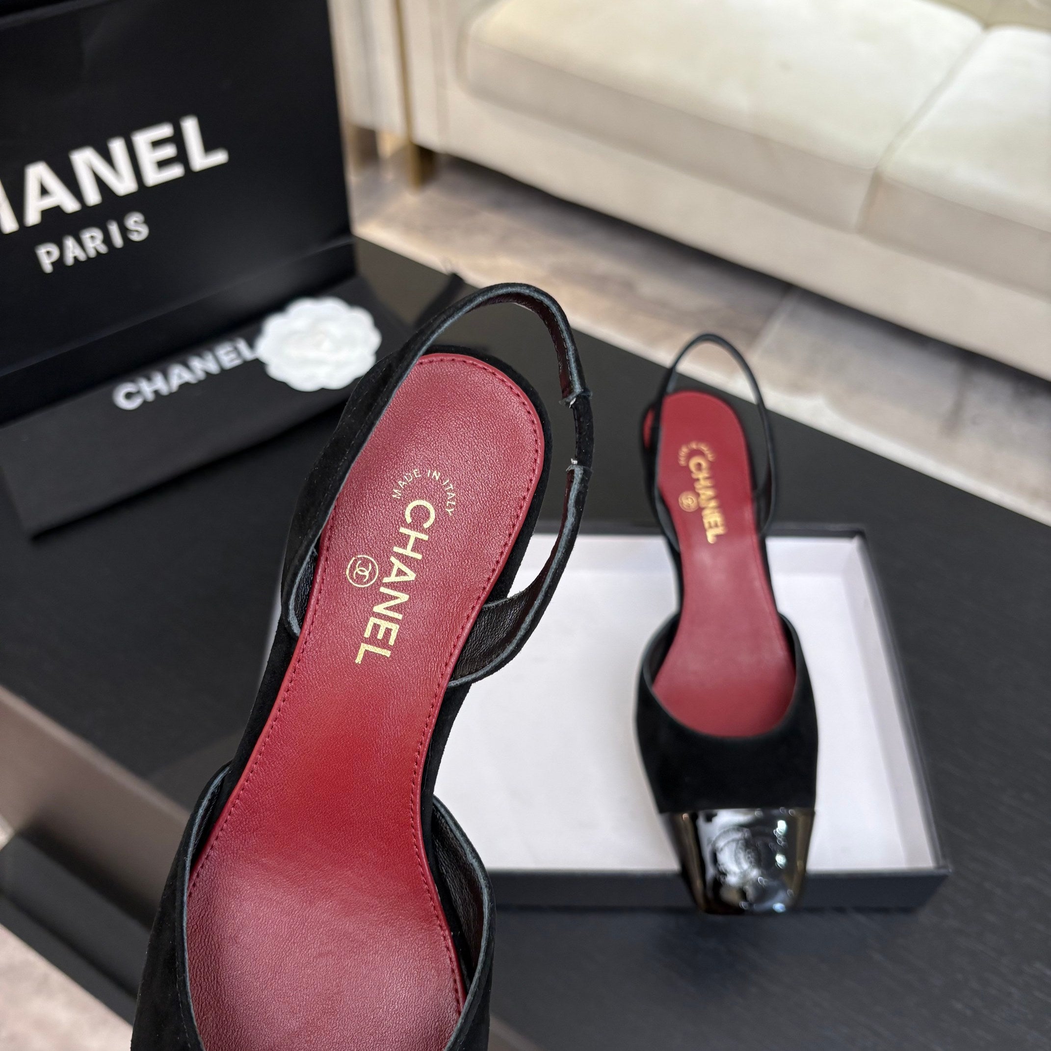 CC 26s Square Cap Toe Slingback 7cm Black Suede Patent Leather 958024