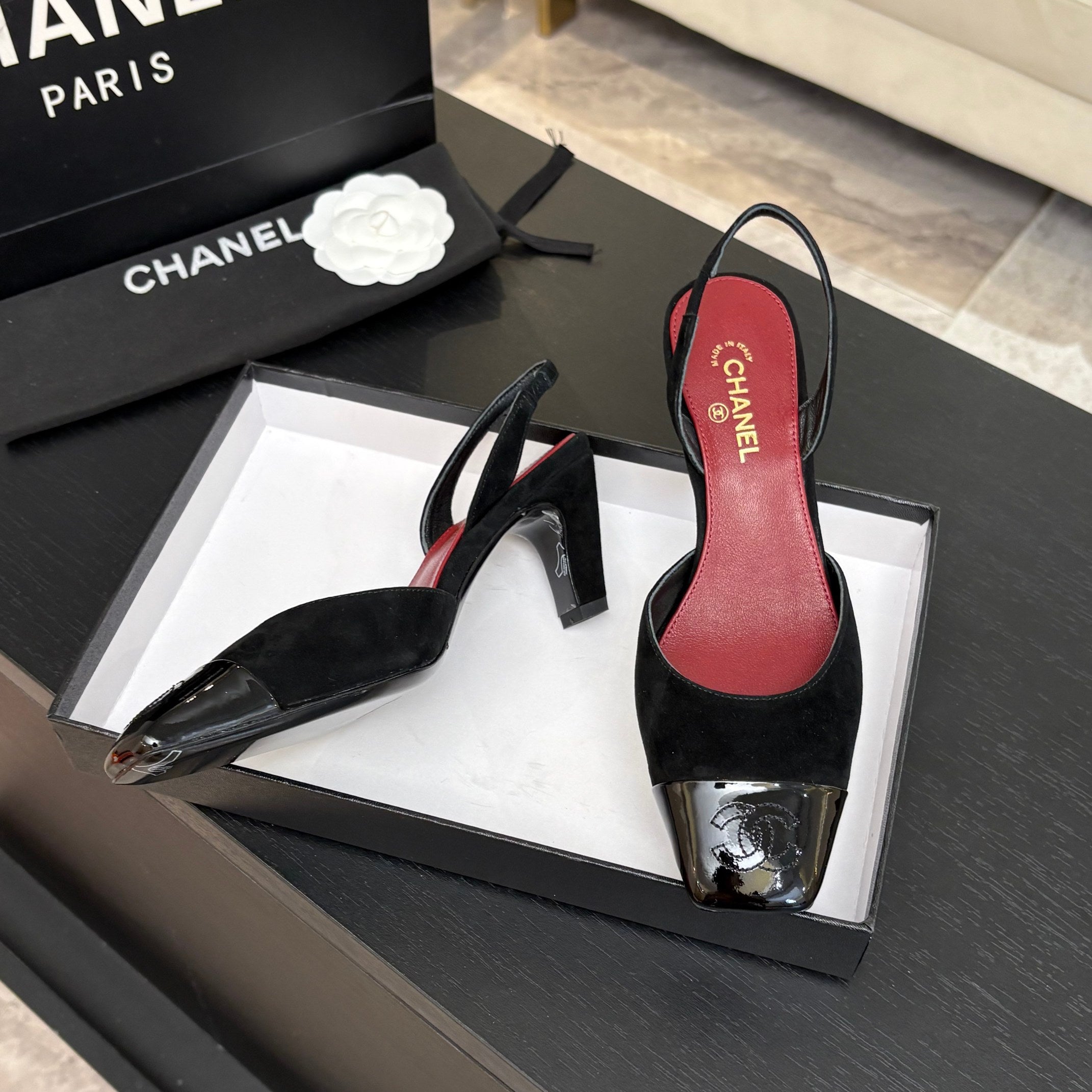 CC 26s Square Cap Toe Slingback 7cm Black Suede Patent Leather 958024