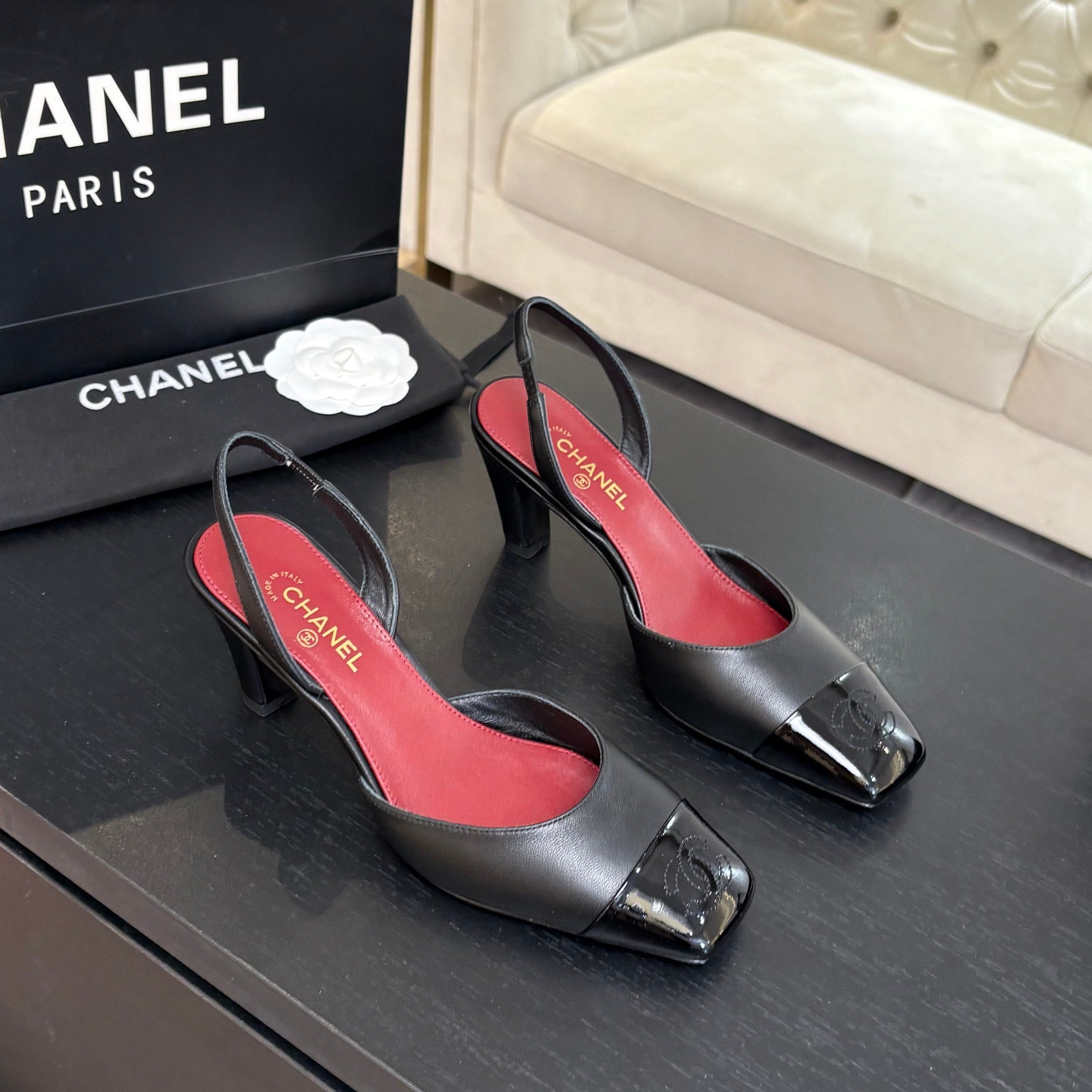CC 26s Square Cap Toe Slingback 7cm Black Lambskin Patent Leather 958026