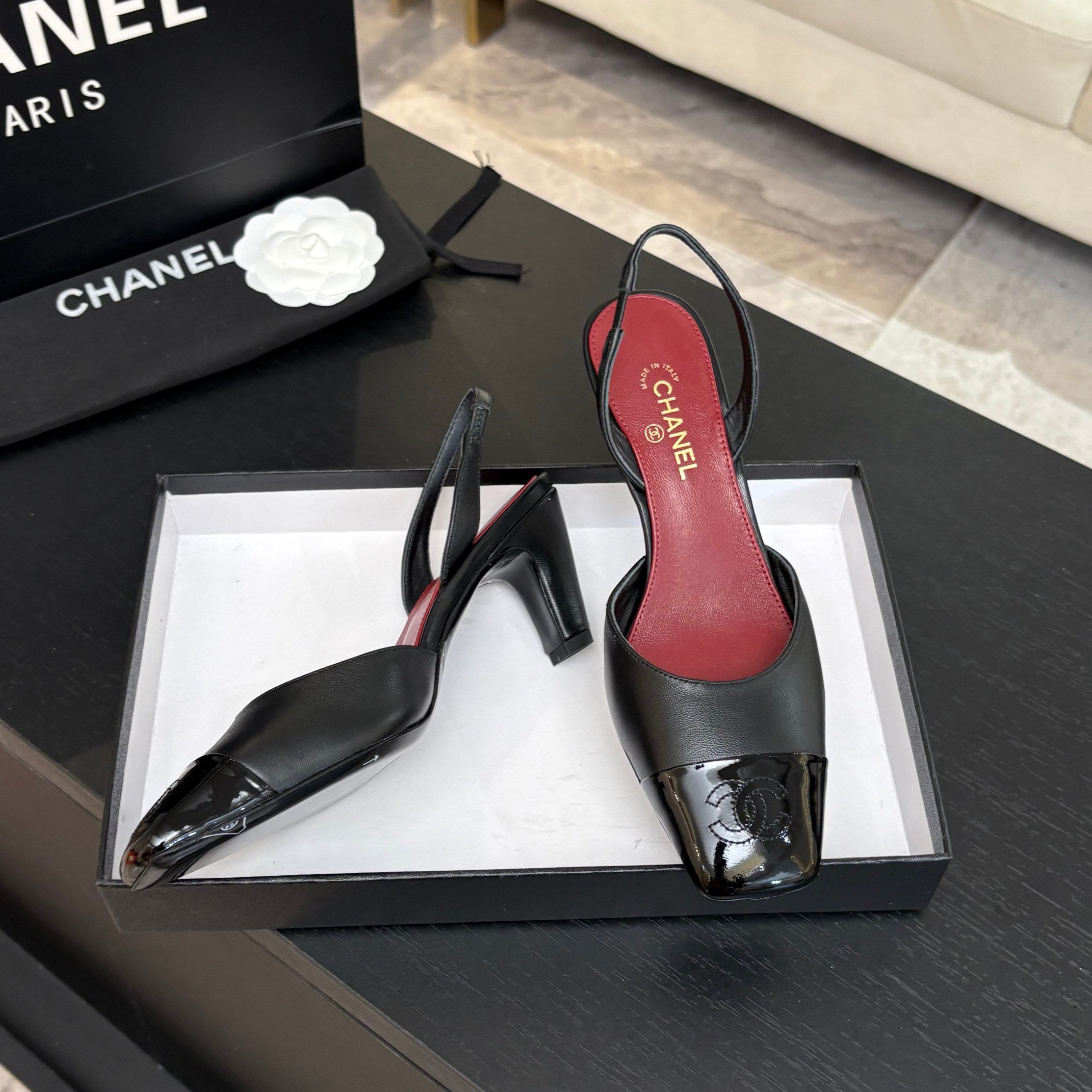 CC 26s Square Cap Toe Slingback 7cm Black Lambskin Patent Leather 958026