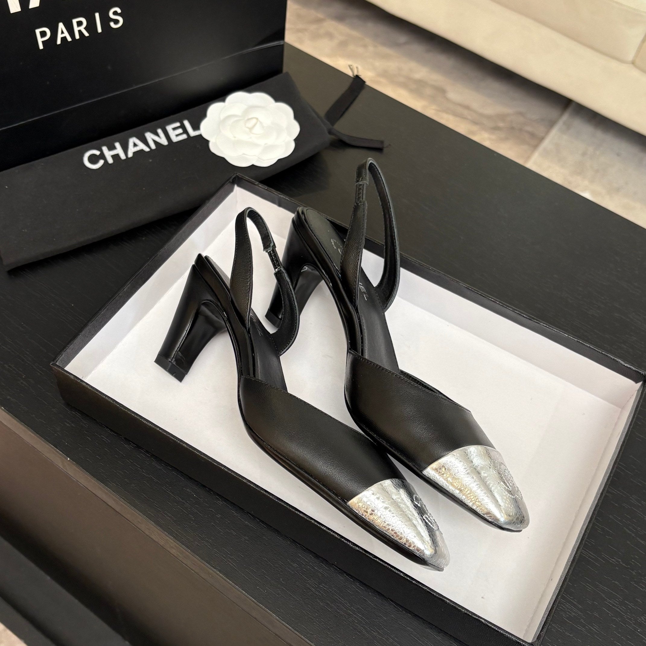 CC 26s Square Cap Toe Slingback 7cm Black Sliver Lambskin 958028