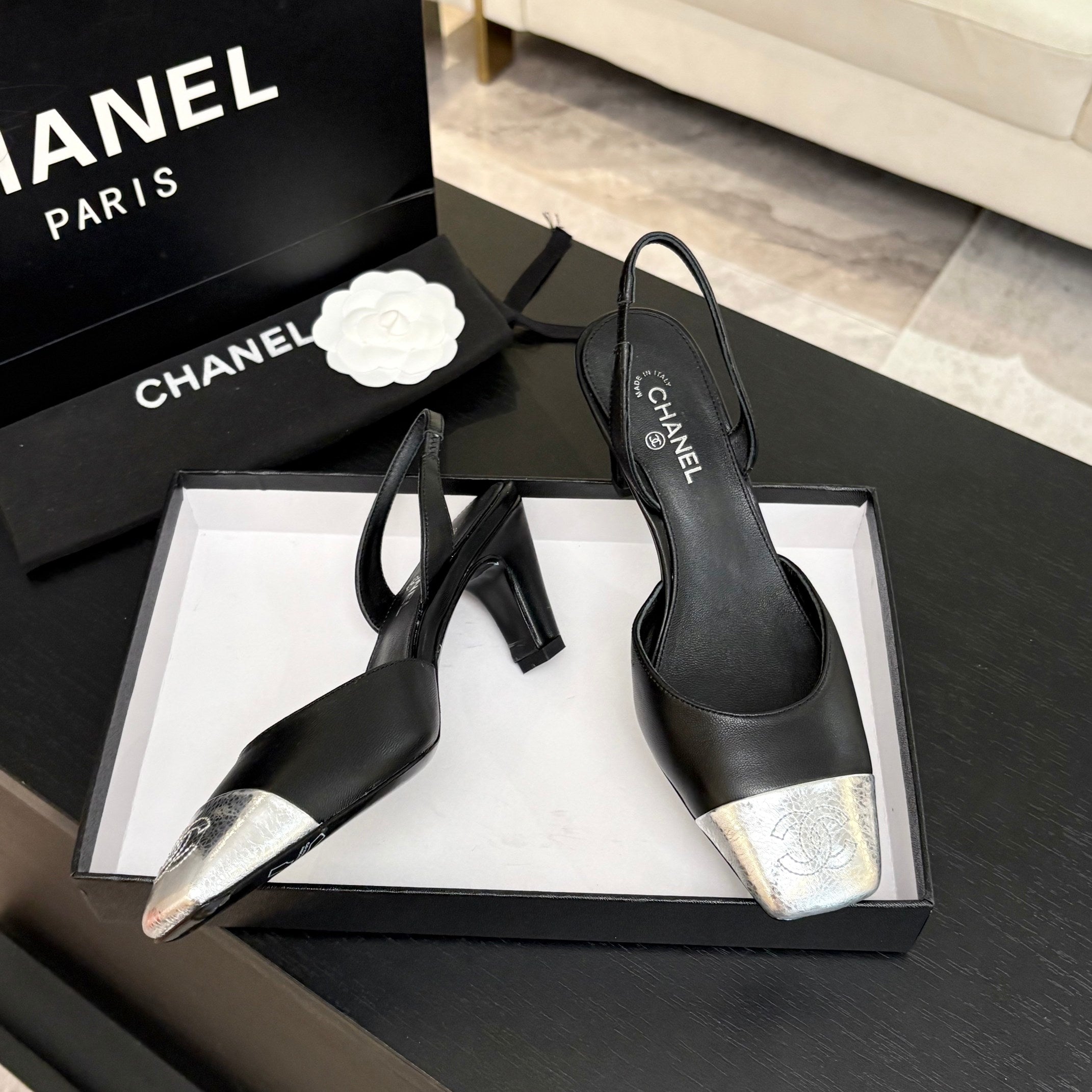 CC 26s Square Cap Toe Slingback 7cm Black Sliver Lambskin 958028