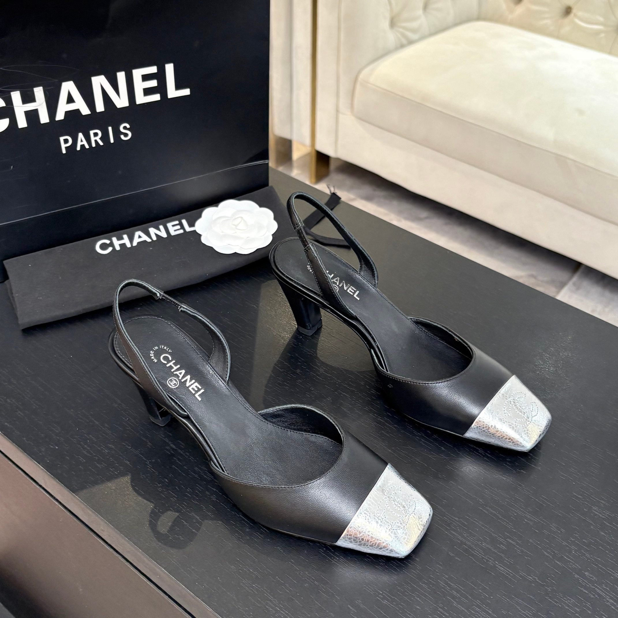 CC 26s Square Cap Toe Slingback 7cm Black Sliver Lambskin 958028
