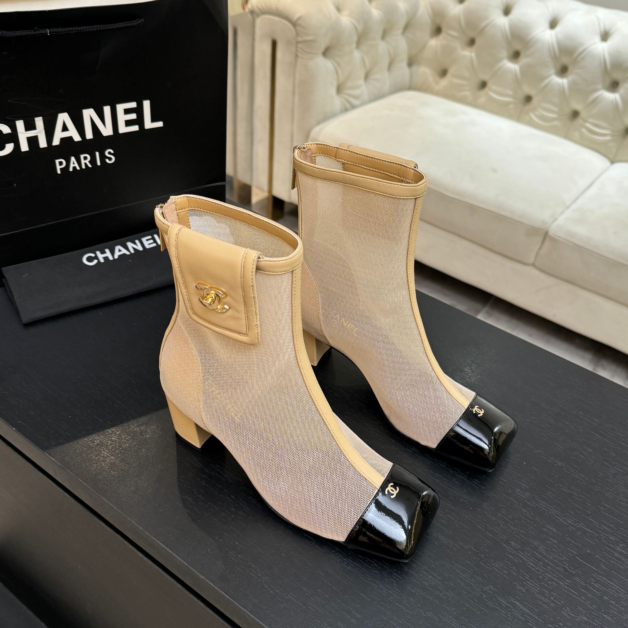 CC 26s Ankle Boots With Pocket Black Beige Green Mesh Lambskin 958066