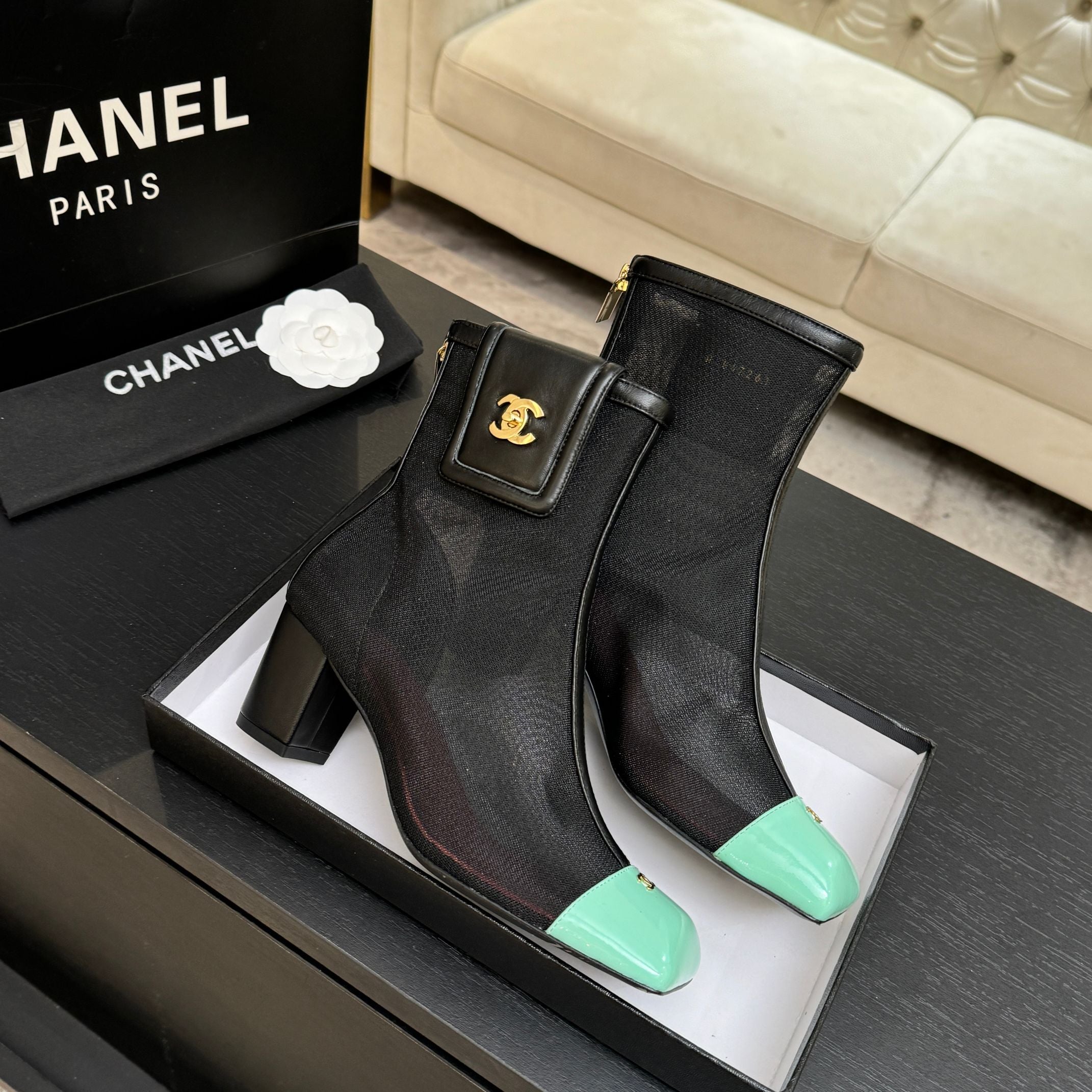CC 26s Ankle Boots With Pocket Black Mint Green Mesh Lambskin 958067