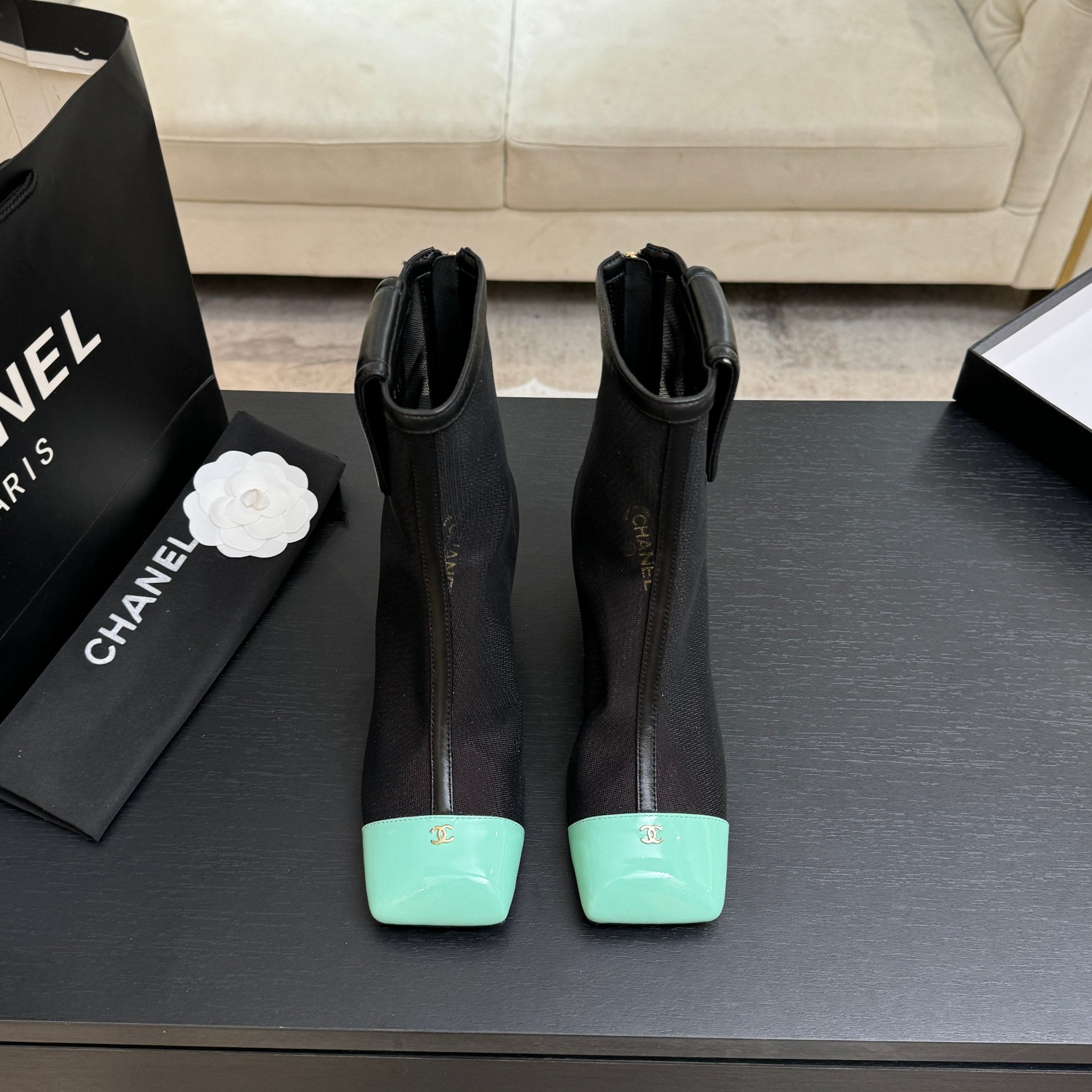 CC 26s Ankle Boots With Pocket Black Mint Green Mesh Lambskin 958067