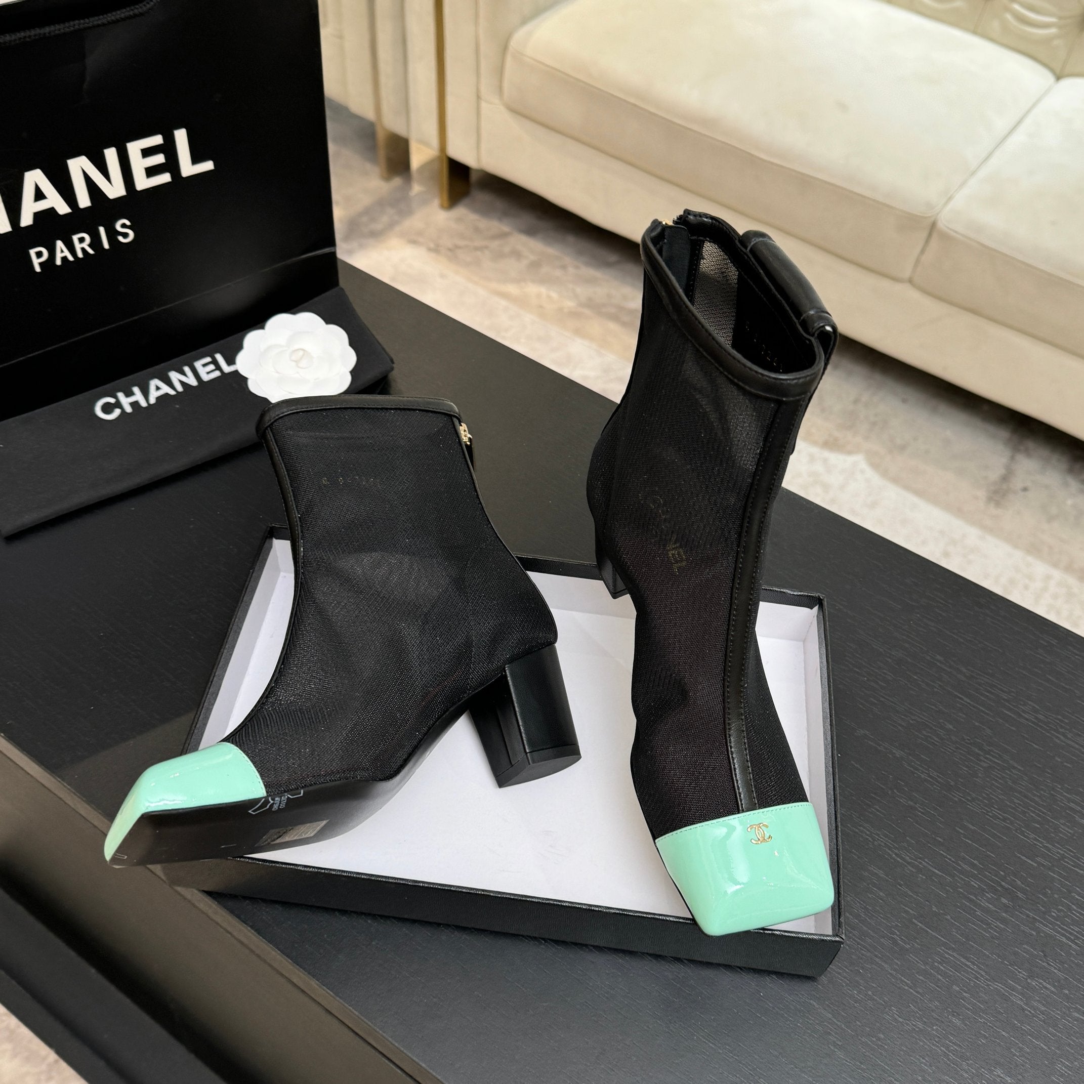 CC 26s Ankle Boots With Pocket Black Mint Green Mesh Lambskin 958067