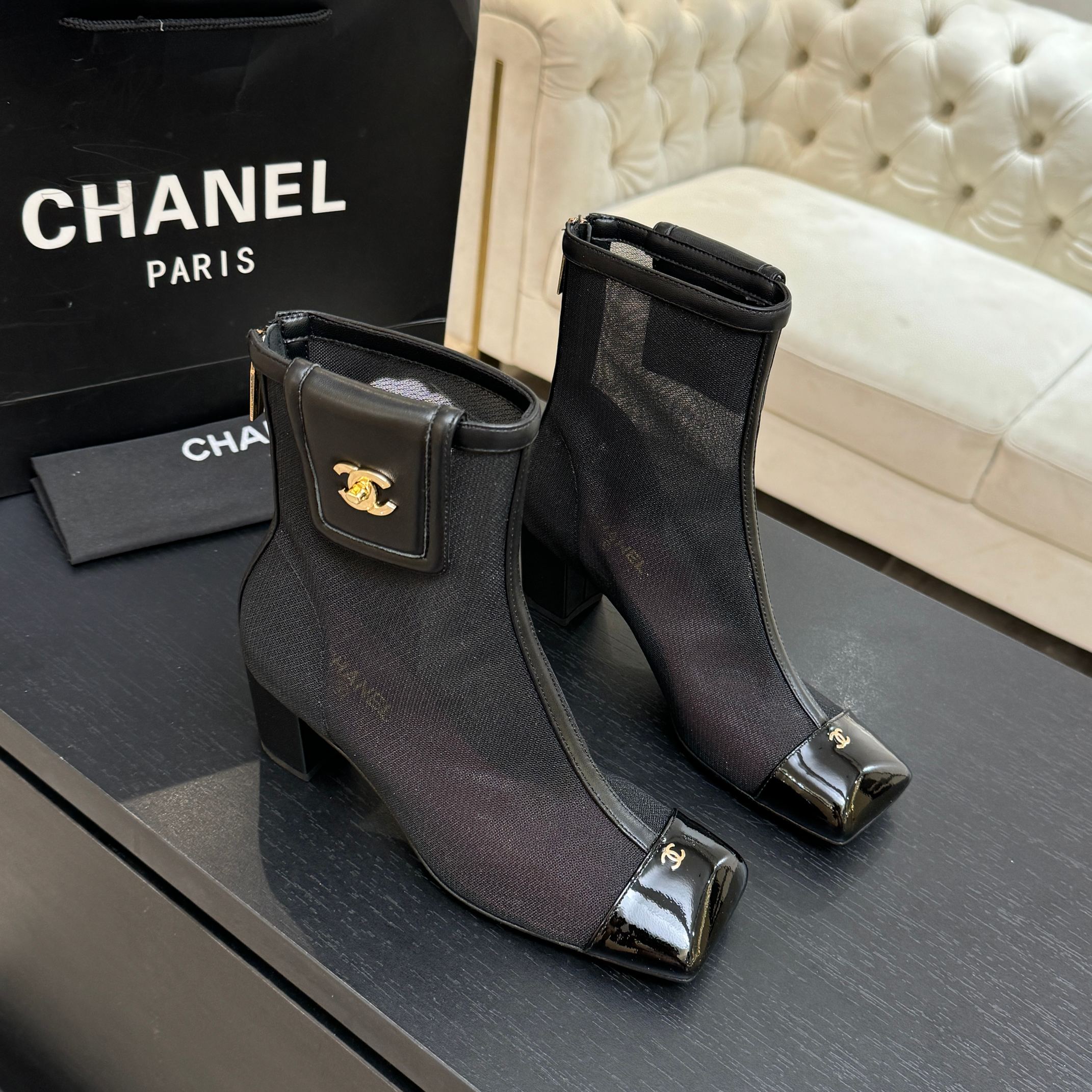 CC 26s Ankle Boots With Pocket Black Mesh Lambskin 958069