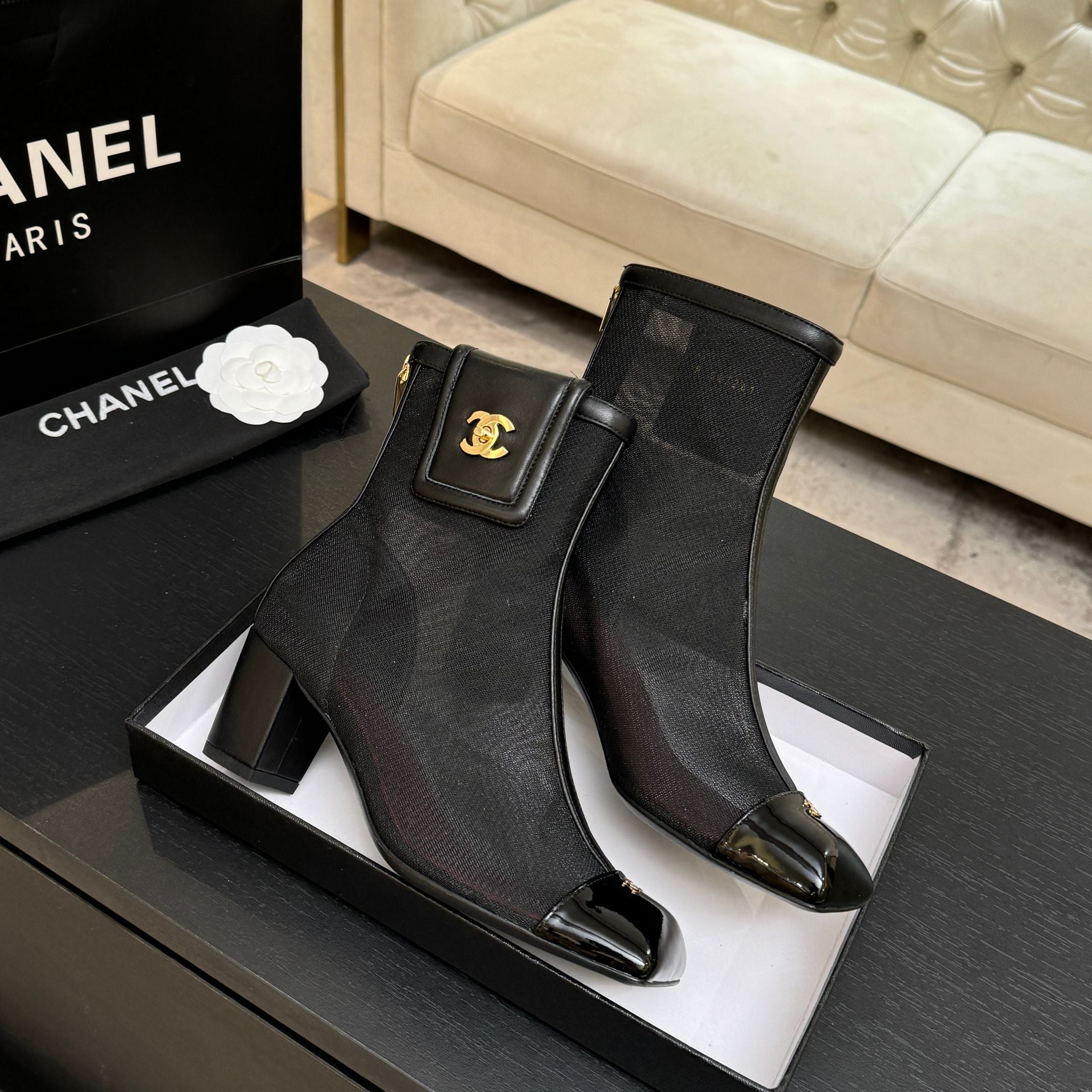 CC 26s Ankle Boots With Pocket Black Mesh Lambskin 958069