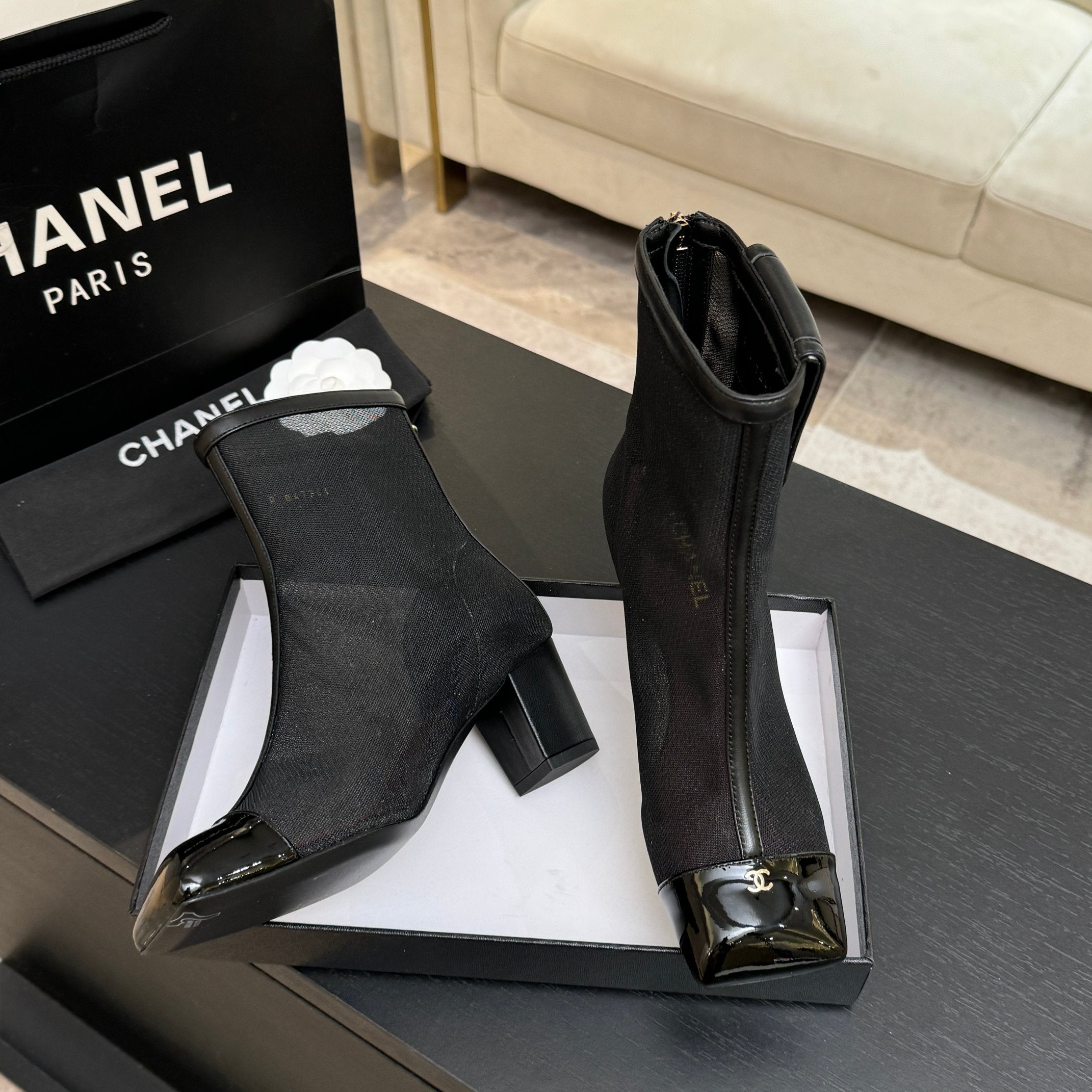 CC 26s Ankle Boots With Pocket Black Mesh Lambskin 958069