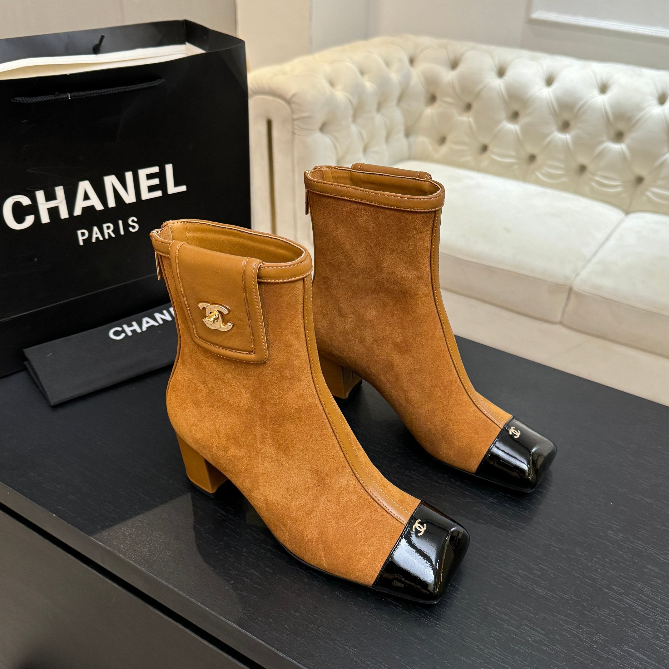 CC 26s Ankle Boots With Pocket Brown Black Suede Patent Lambskin 958070
