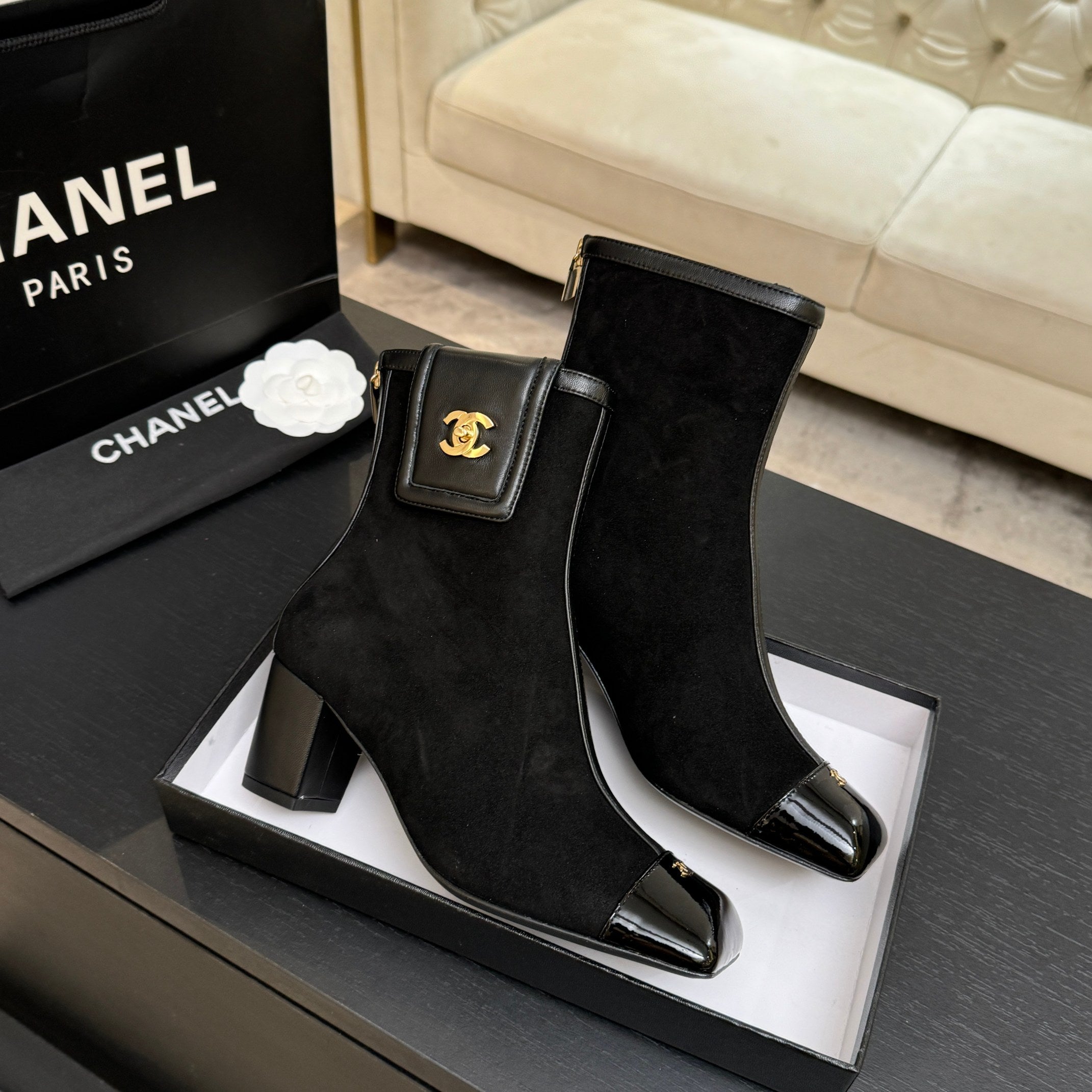 CC 26s Ankle Boots With Pocket Black Suede Patent Lambskin 958072