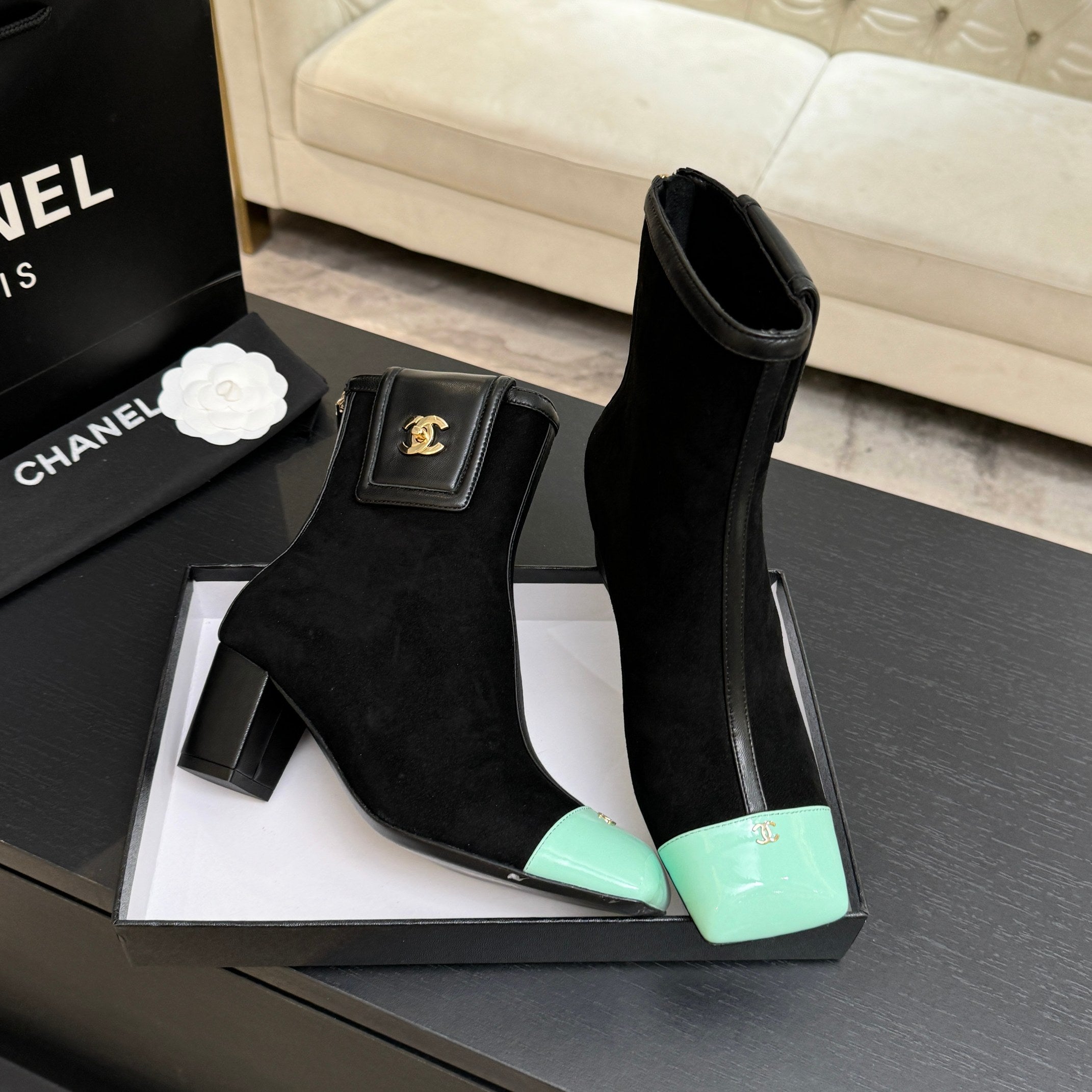 CC 26s Ankle Boots With Pocket Black Mint Green Suede Lambskin 958074