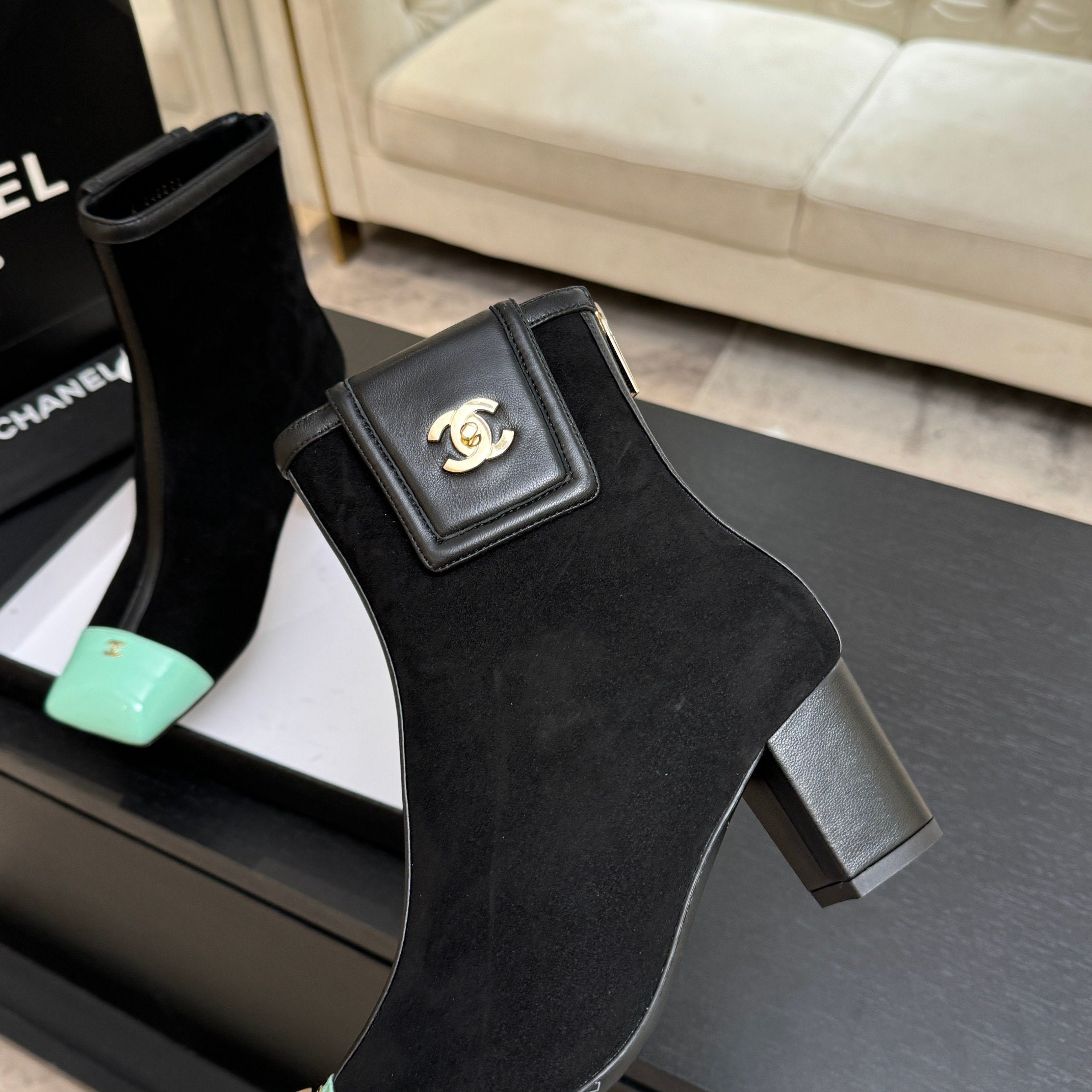 CC 26s Ankle Boots With Pocket Black Mint Green Suede Lambskin 958074