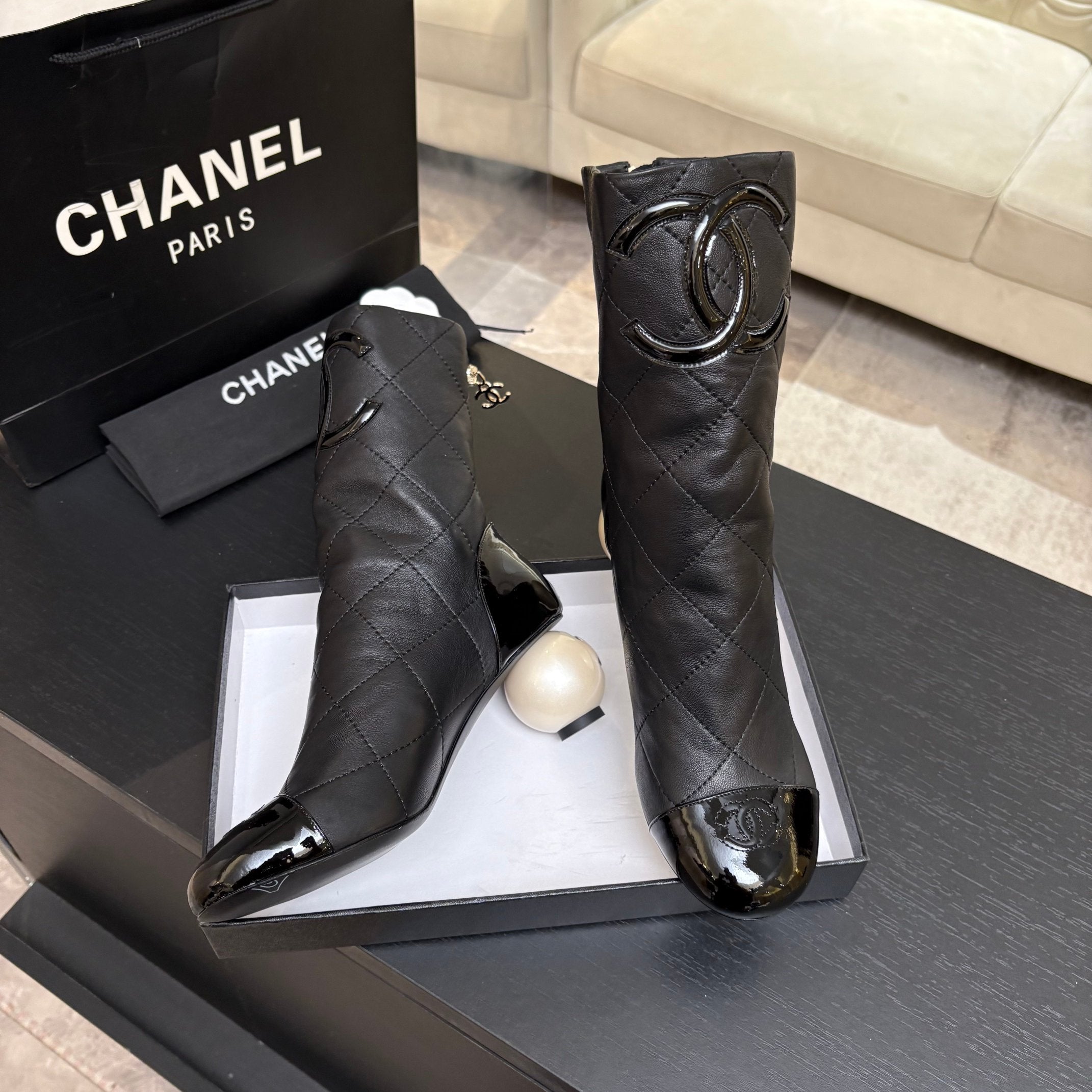 CC 26s Mid-Calf Pearl Boots Black Quited Calfskin 957731